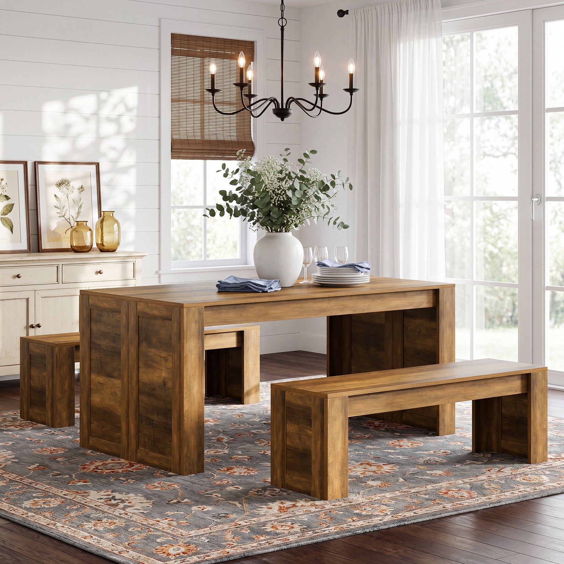 55“ Rectangle Farmhouse Dining Table Set for 4-6,  Wooden Kitchen Table with 2 Benches