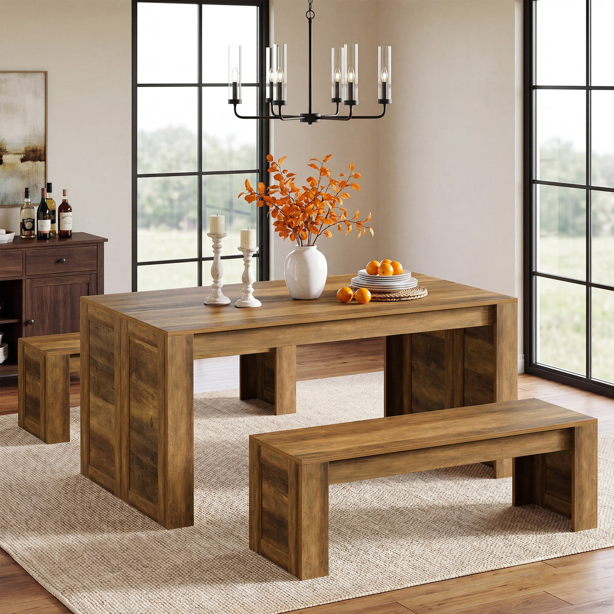 55“ Rectangle Farmhouse Dining Table Set for 4-6,  Wooden Kitchen Table with 2 Benches