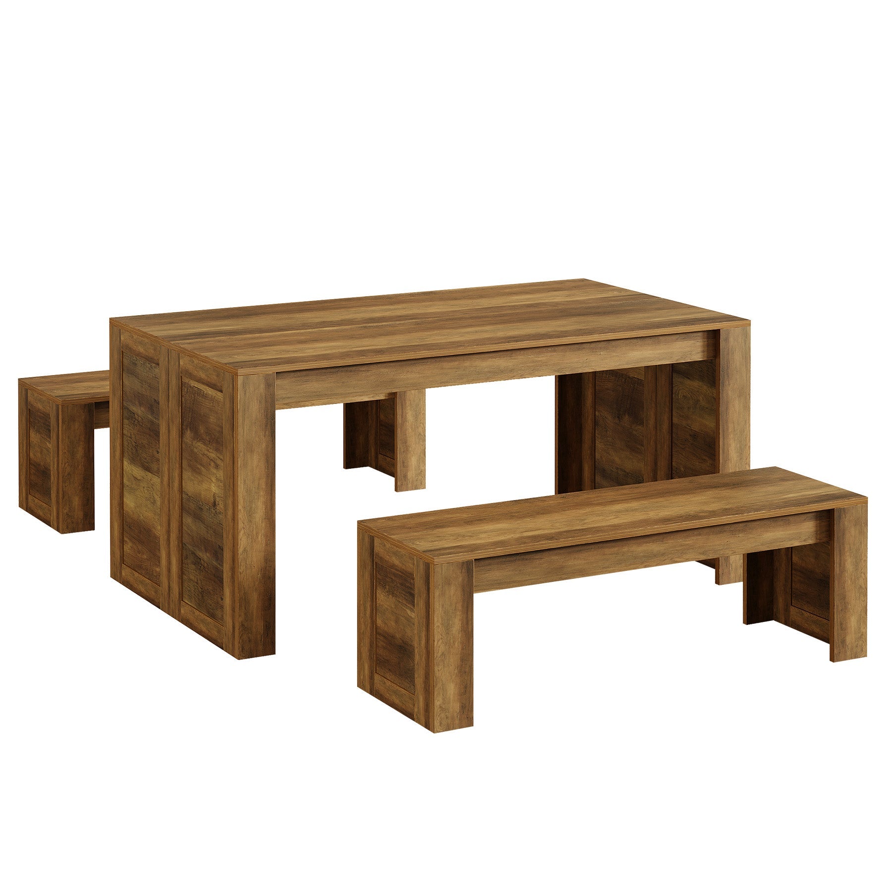 55“ Rectangle Farmhouse Dining Table Set for 4-6,  Wooden Kitchen Table with 2 Benches