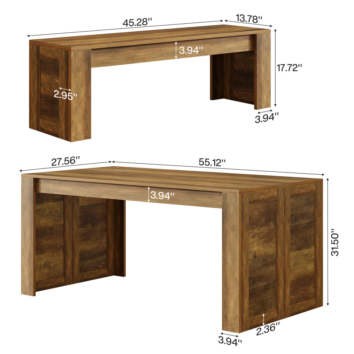 55“ Rectangle Farmhouse Dining Table Set for 4-6,  Wooden Kitchen Table with 2 Benches