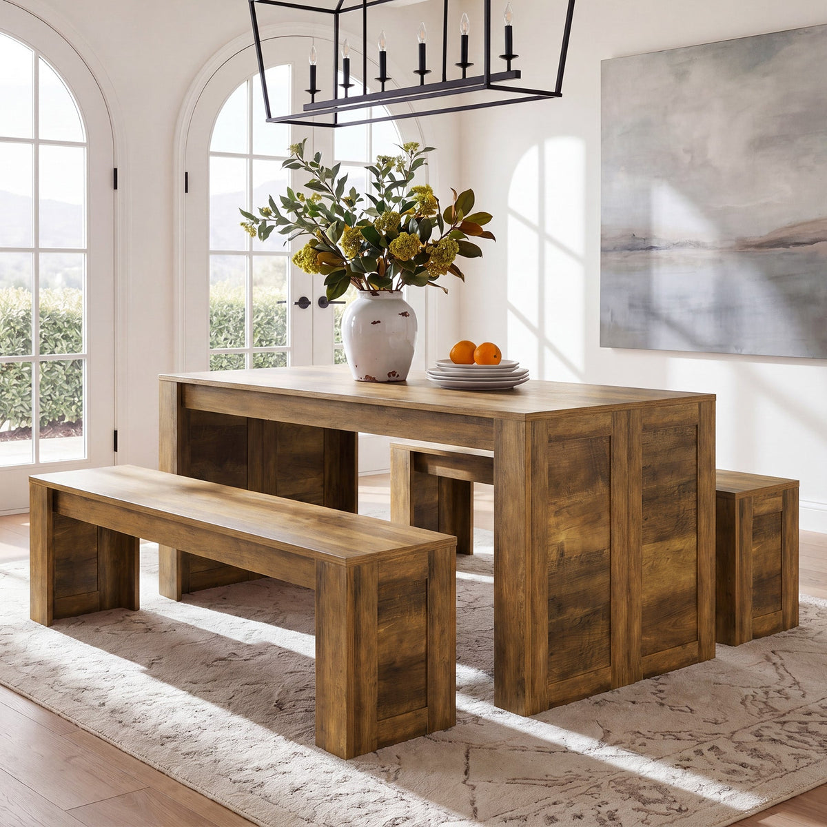 55“ Rectangle Farmhouse Dining Table Set for 4-6,  Wooden Kitchen Table with 2 Benches