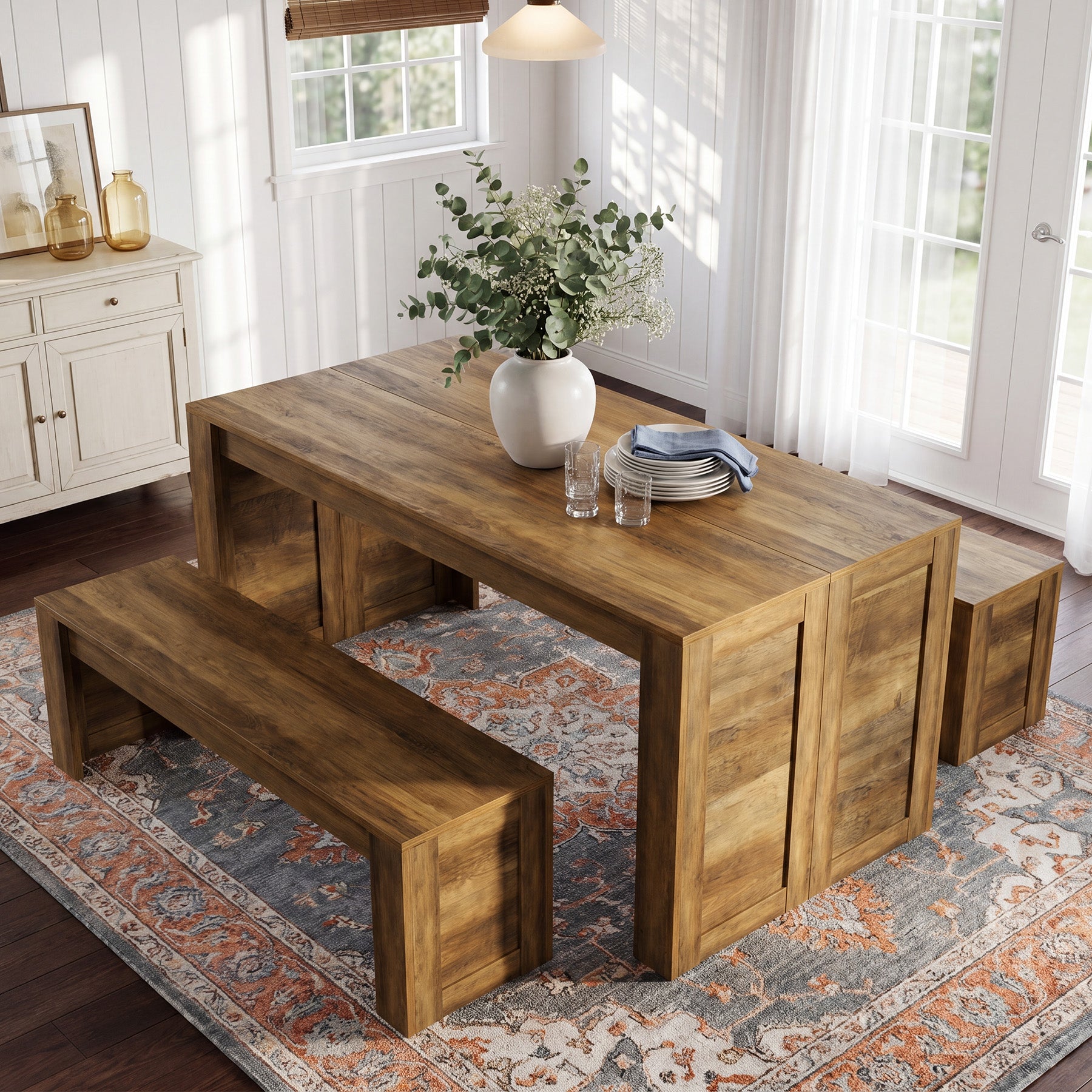 55“ Rectangle Farmhouse Dining Table Set for 4-6,  Wooden Kitchen Table with 2 Benches