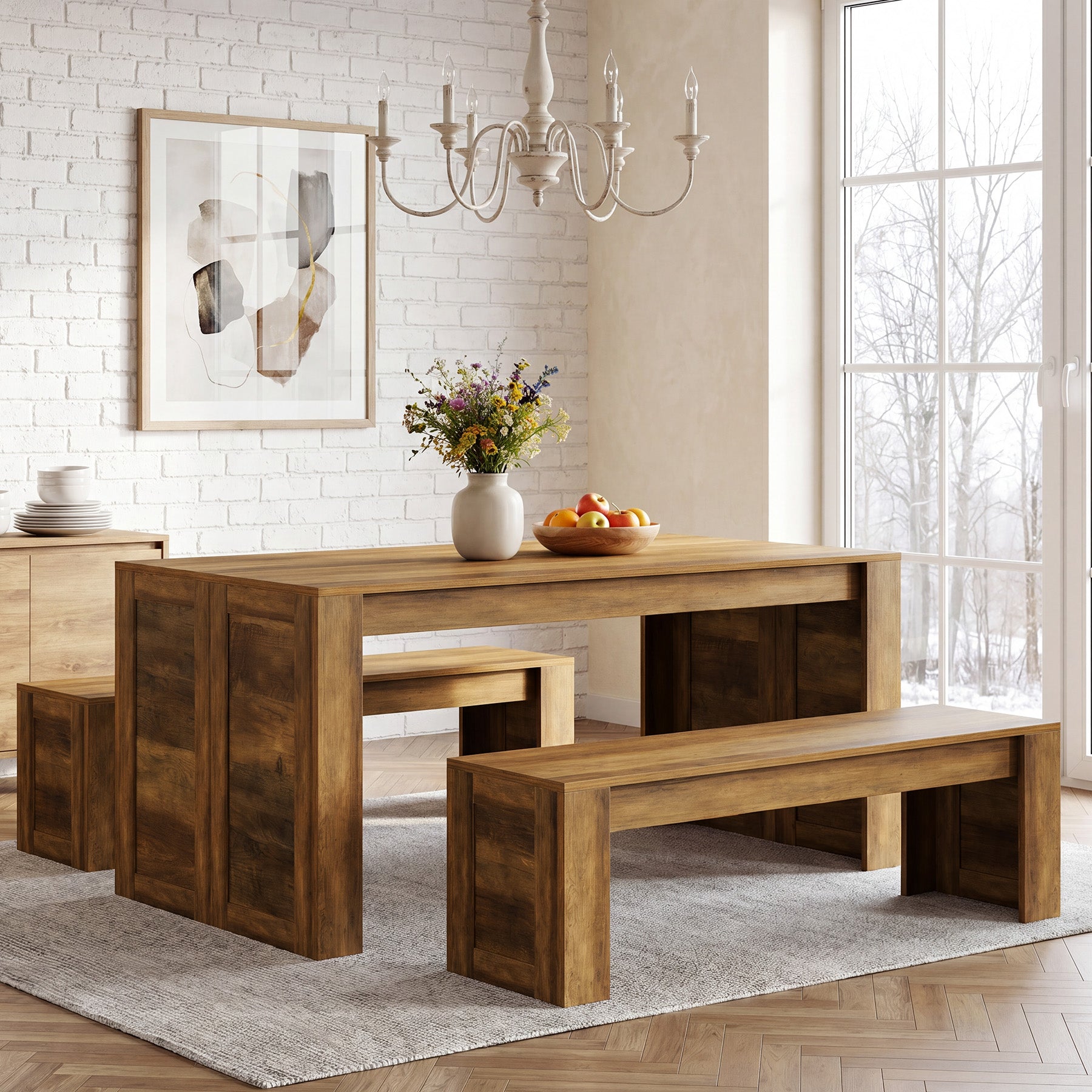 55“ Rectangle Farmhouse Dining Table Set for 4-6,  Wooden Kitchen Table with 2 Benches