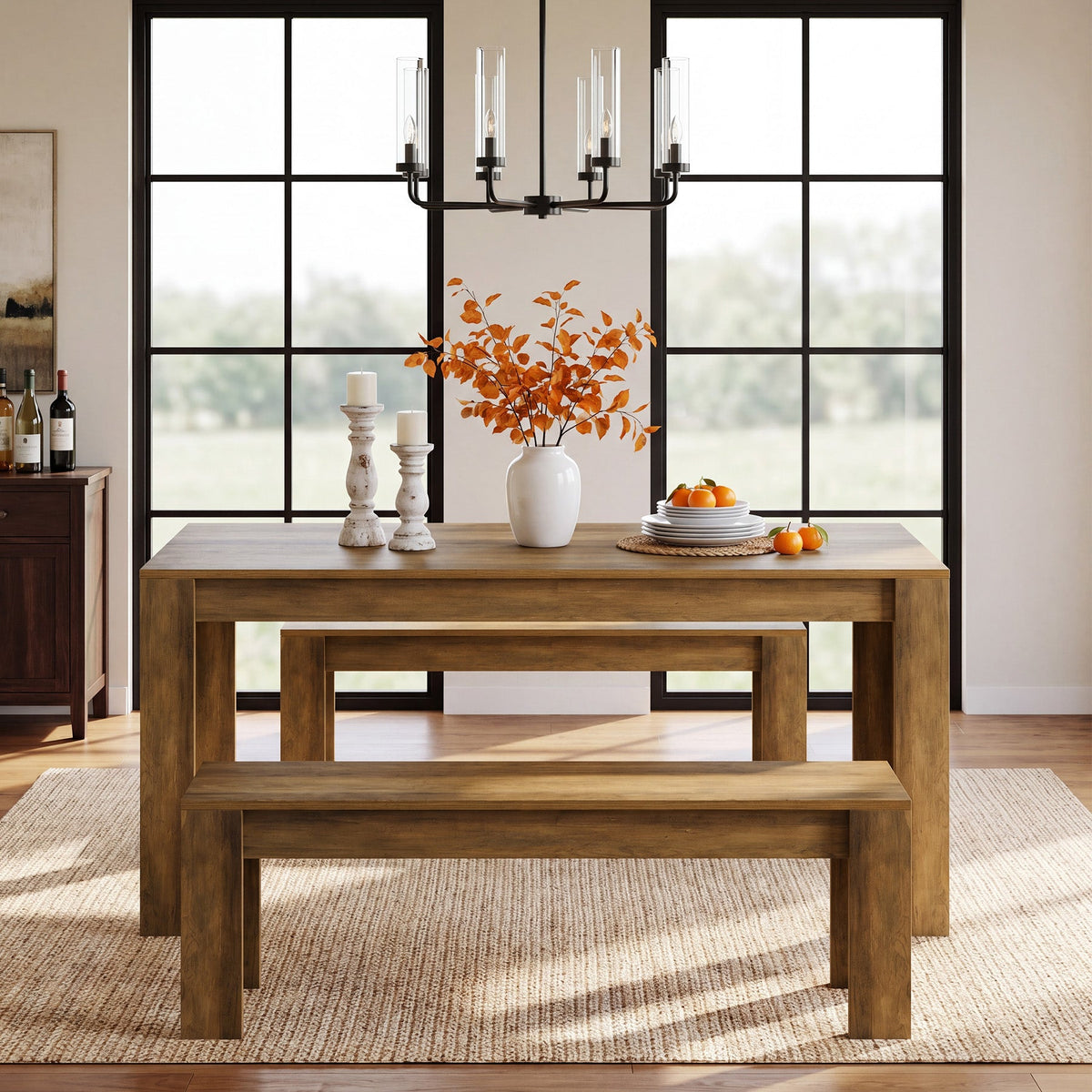 55“ Rectangle Farmhouse Dining Table Set for 4-6,  Wooden Kitchen Table with 2 Benches