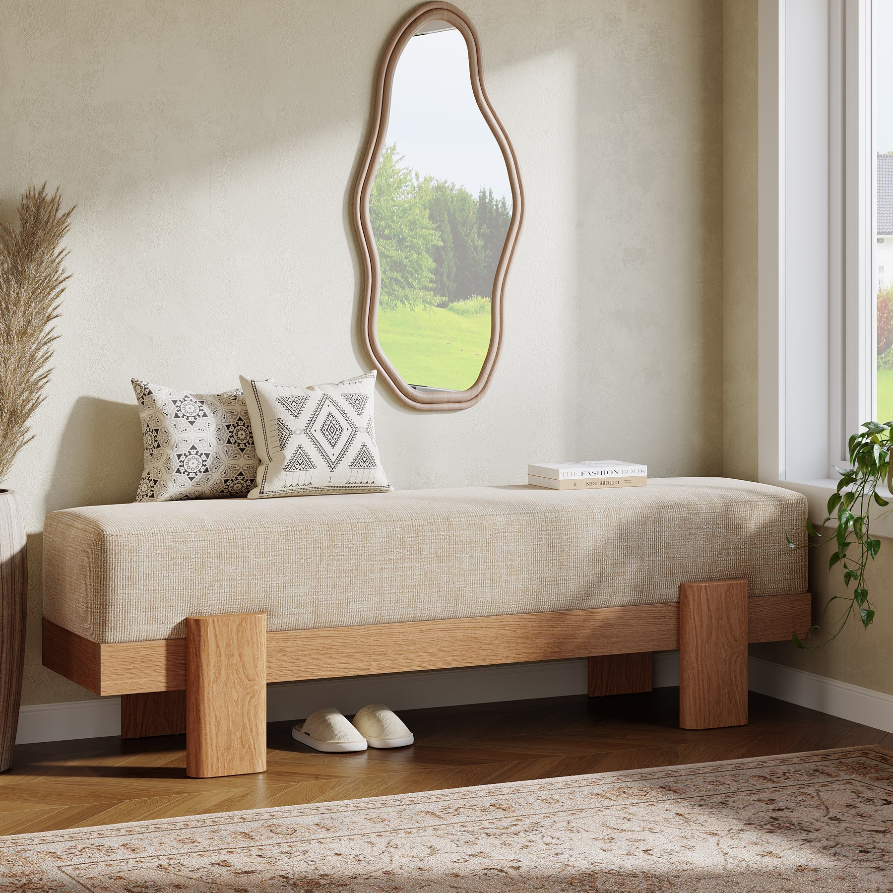 55" Upholstered Entryway Bench, Shoe Bench End of Bed Stool with MDF Frame