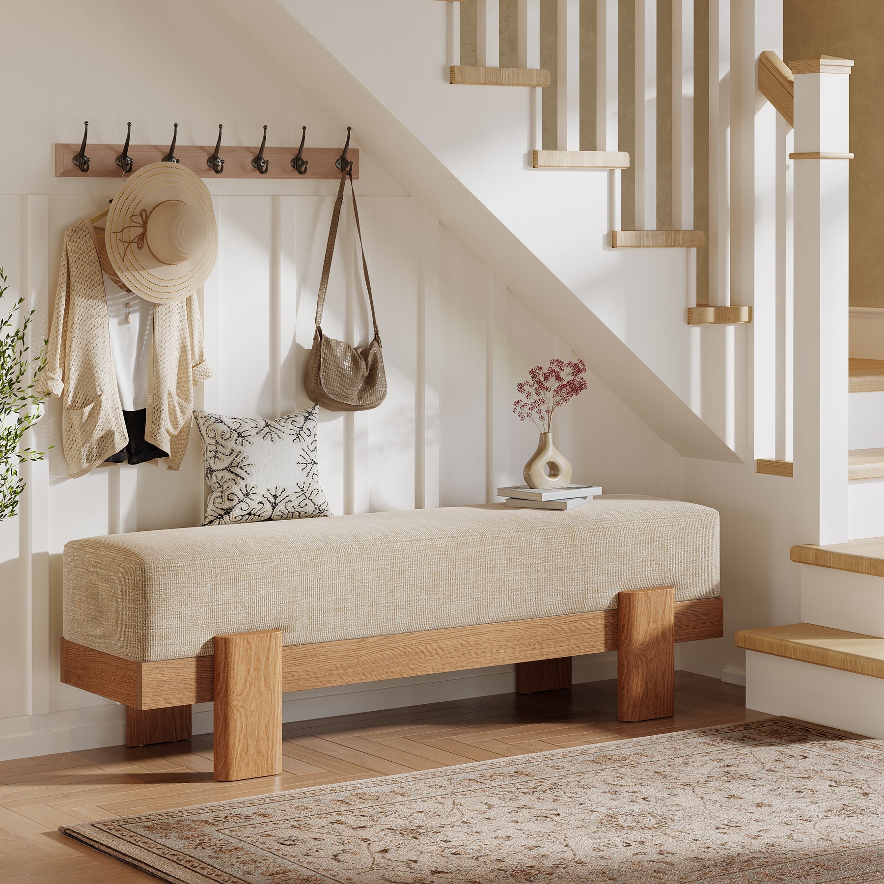 55" Upholstered Entryway Bench, Shoe Bench End of Bed Stool with MDF Frame