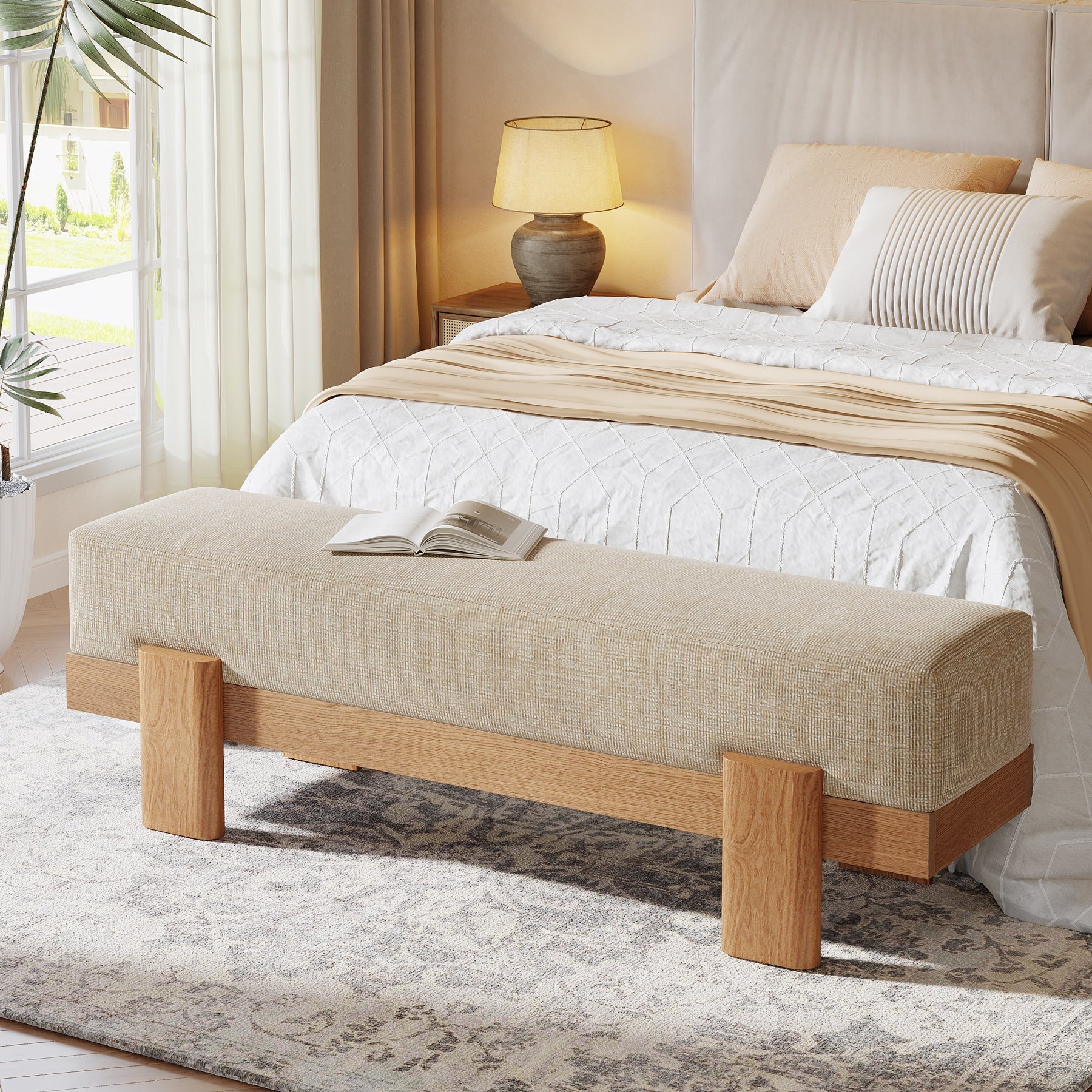 55" Upholstered Entryway Bench, Shoe Bench End of Bed Stool with MDF Frame