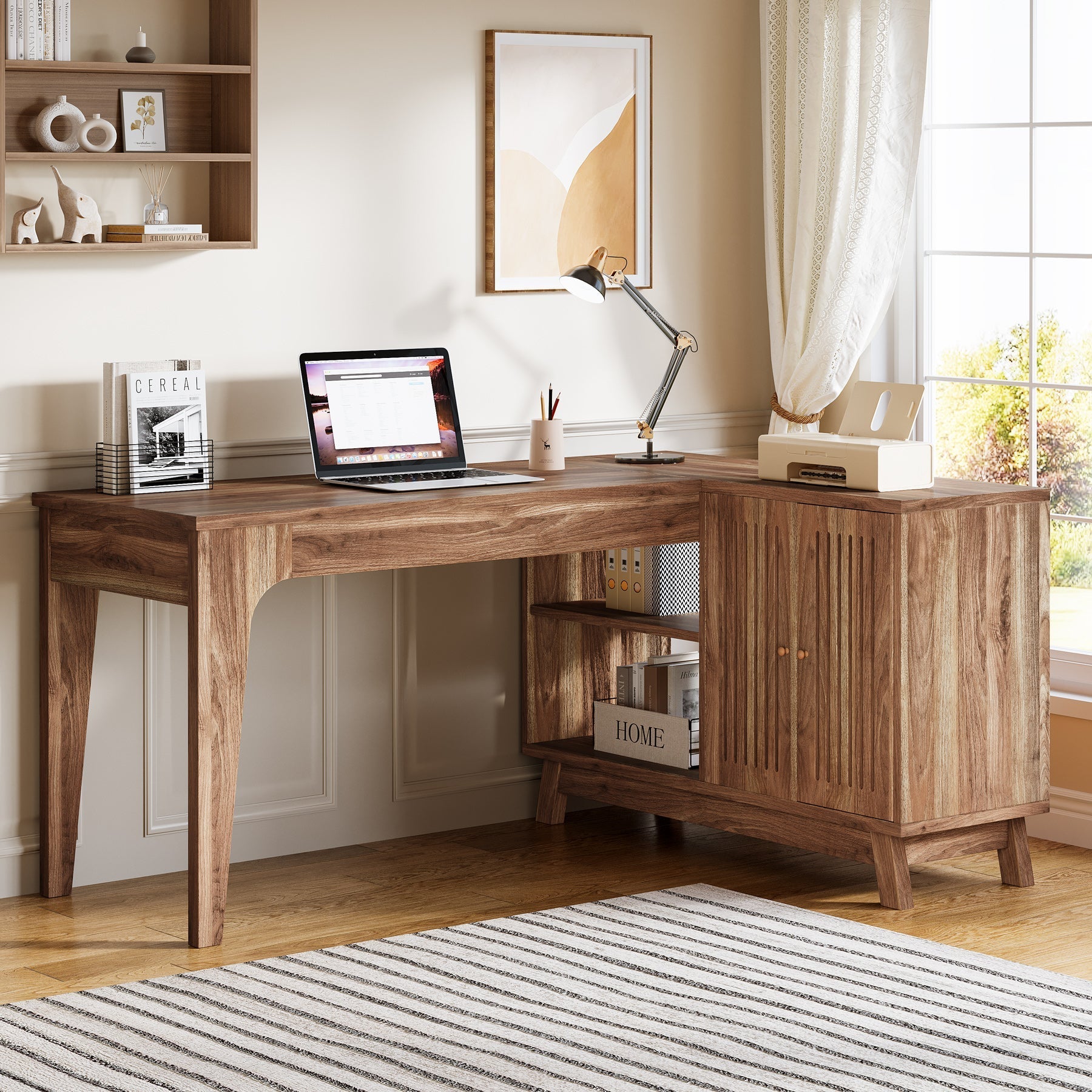 57" L - Shaped Corner Desk, Wood Computer Desk Study Writing Table with Cabinet Tribesigns