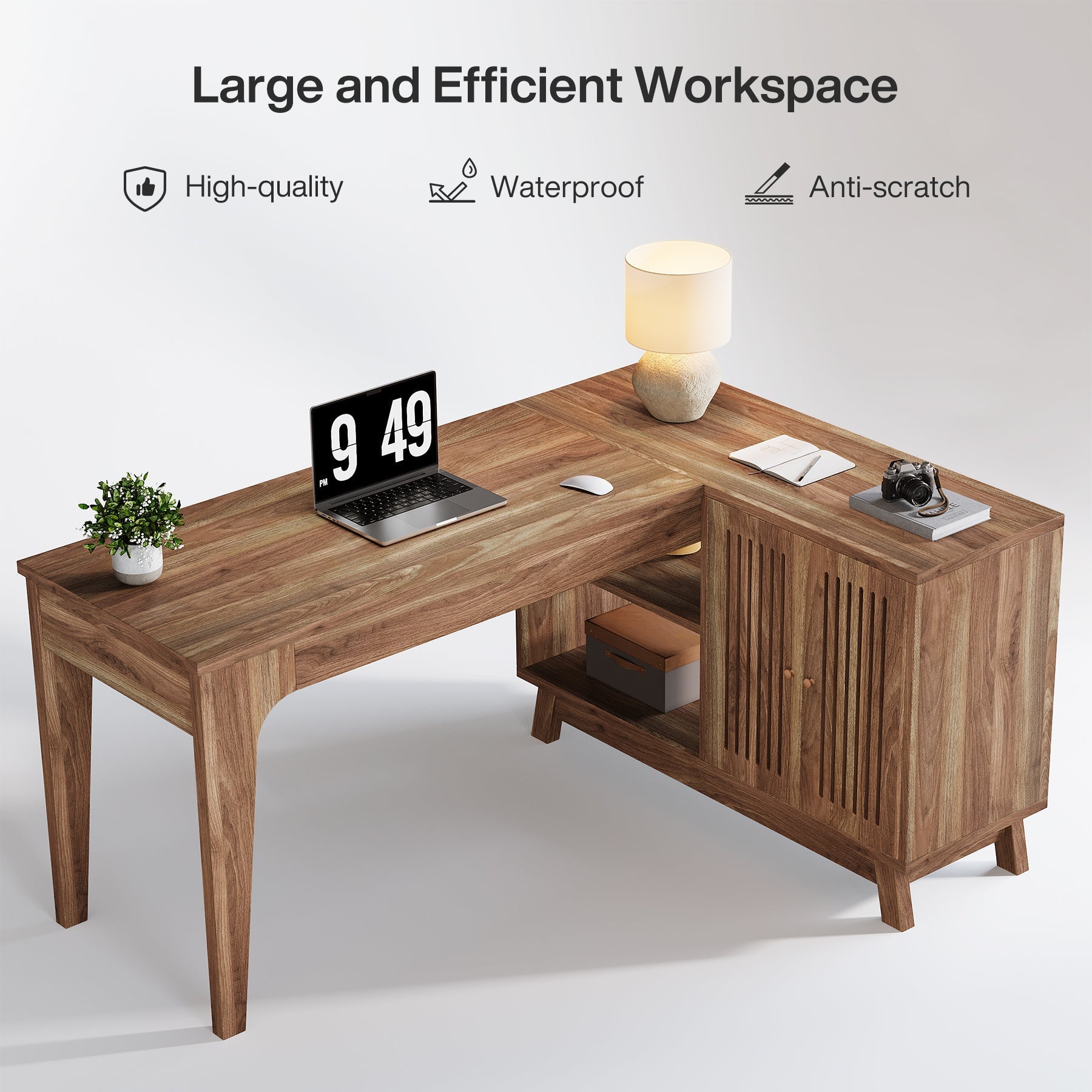 57" L - Shaped Corner Desk, Wood Computer Desk Study Writing Table with Cabinet Tribesigns