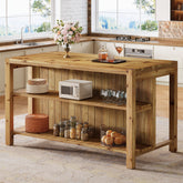 59" Farmhouse Kitchen Island, Solid Wood Dining Prep Table With 2 Open Storage Shelves 3