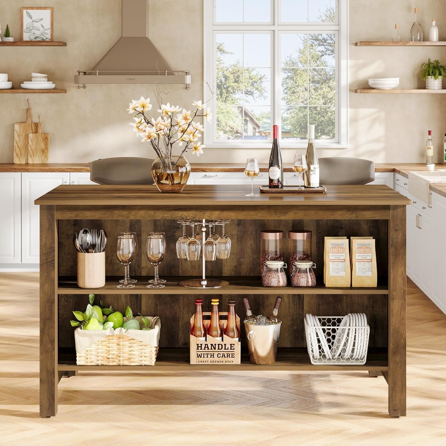 59" Kitchen Island, Farmhouse Stationary Island Table with Storage for Kitchen