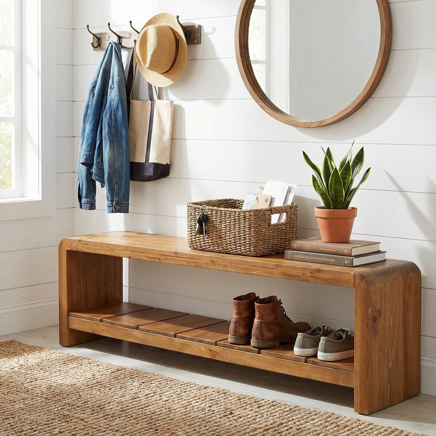 59" Solid Wood Entryway Bench, Farmhouse End of Bed Seating Shoe Bench with Storage