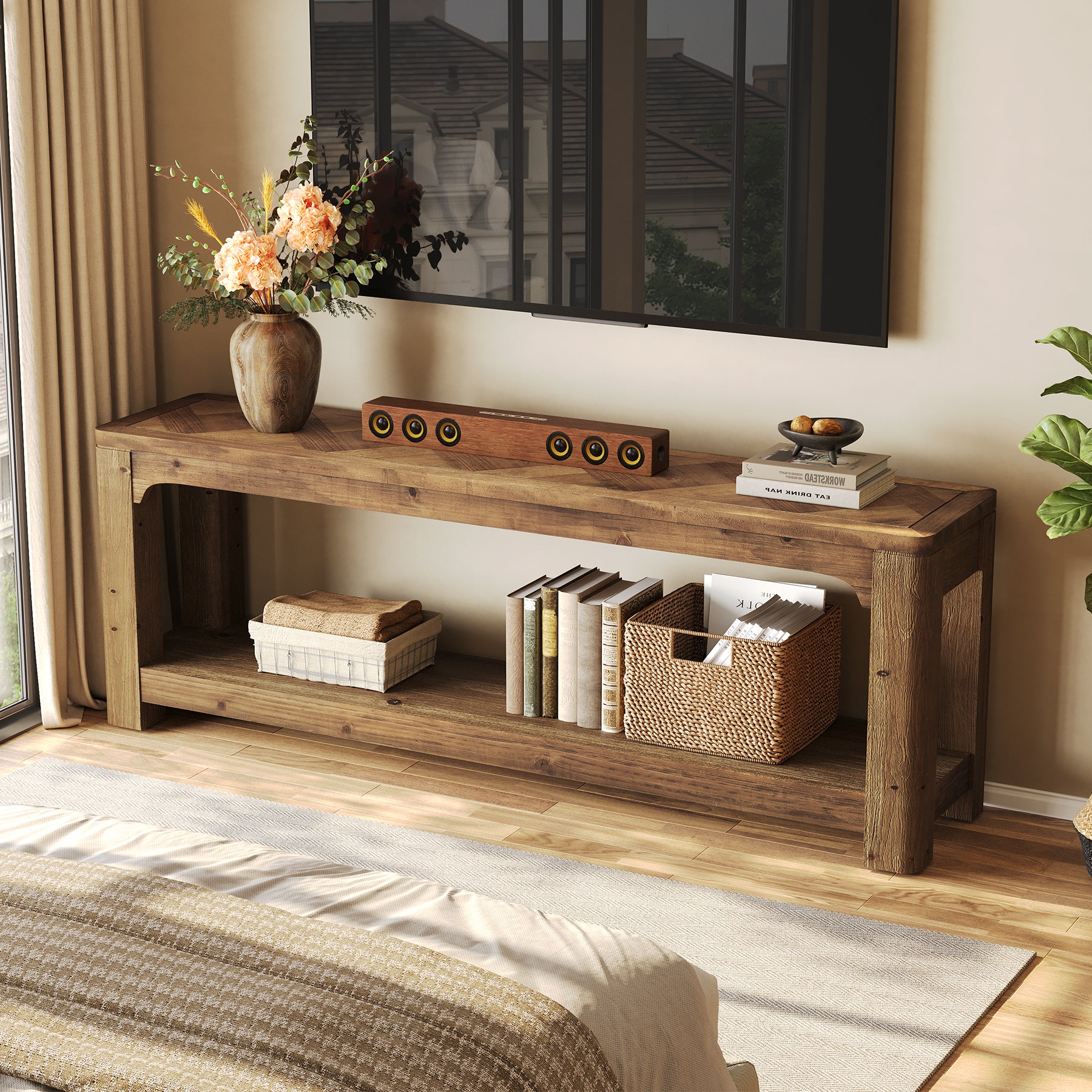 63" Solid Wood TV Stand, Entertainment Center with Open Shelves for 65" TV