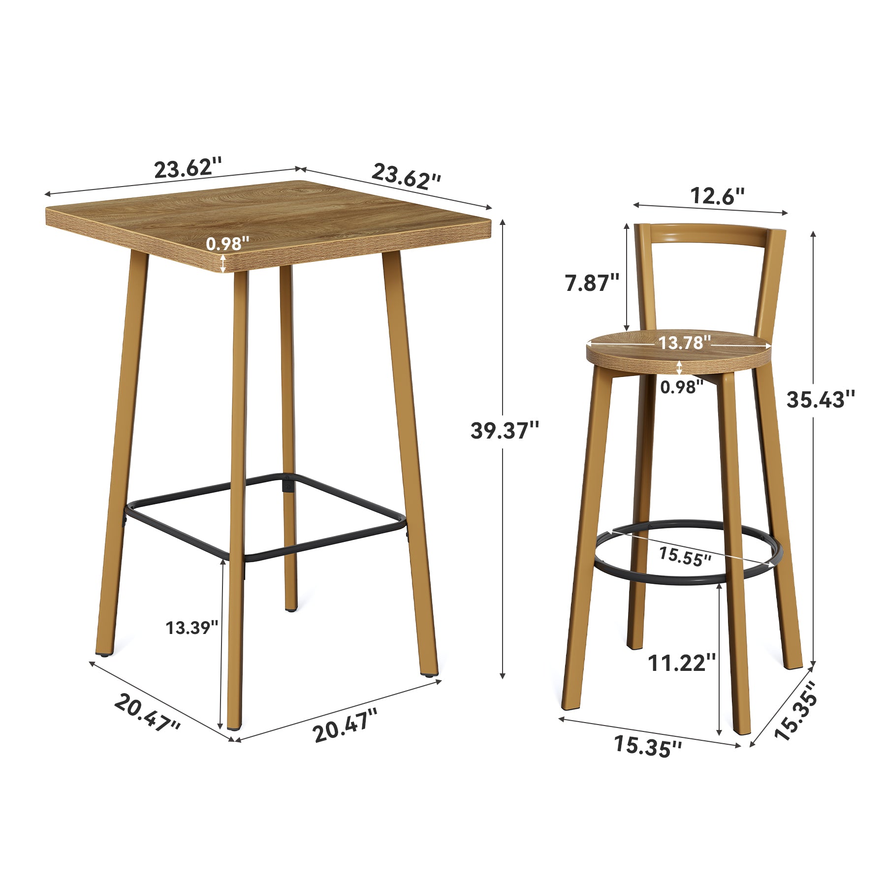 Square Bar Table and Chair Set, 39.4" H Bistro Pub Table with 2 Chairs