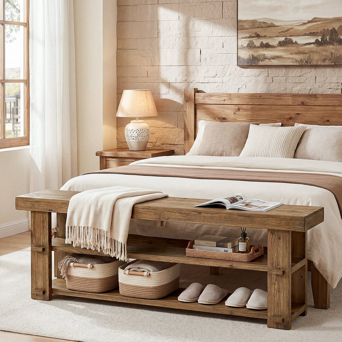 55" Solid Wood Entryway Bench, 2-Tier Shoe Storage Bench for Entryway