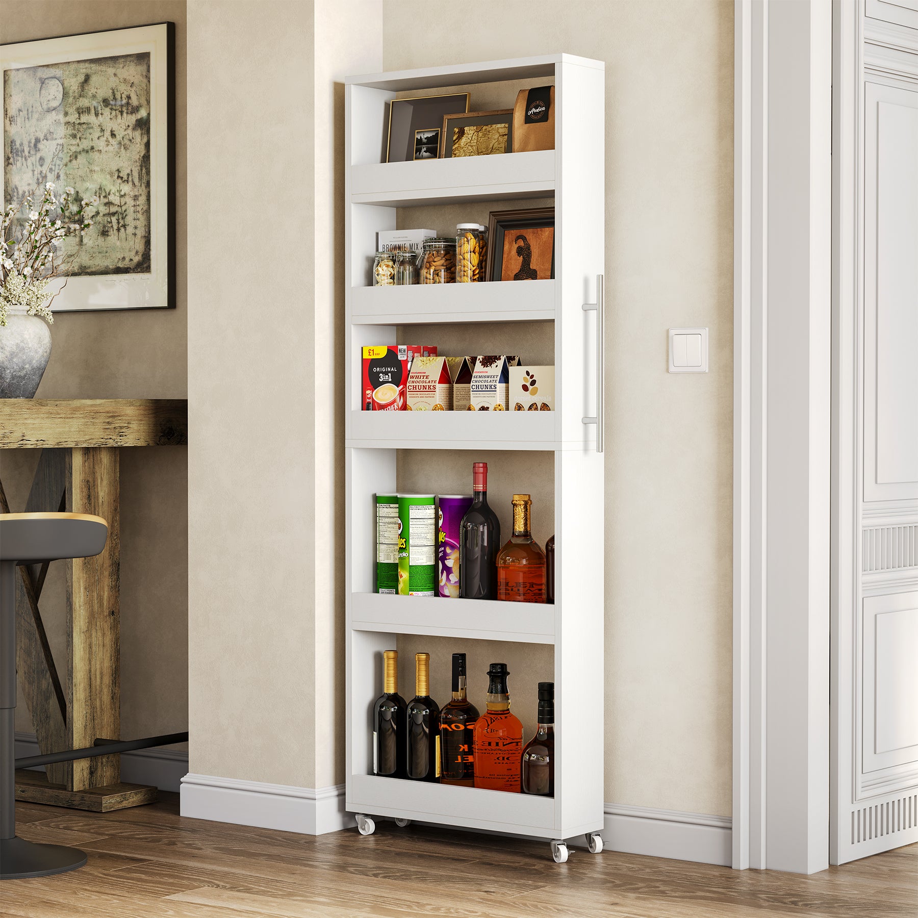 63" Slim Storage Cart on Wheels, 5-Tier Tall Narrow Mobile Shelf Organizer