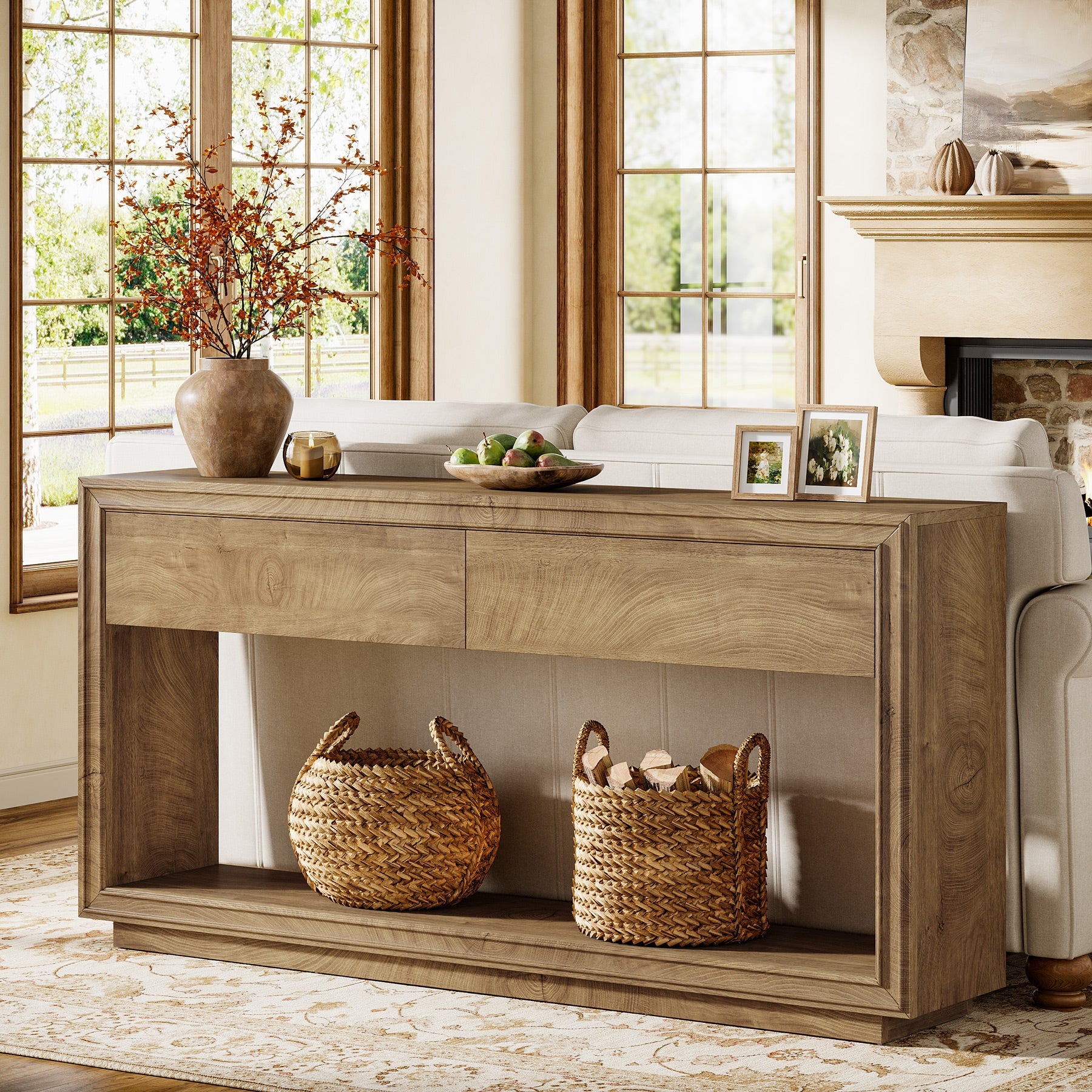 63" Console Table with 2 Drawers and Shelf, Farmhouse Entryway Sofa Table for Hallway