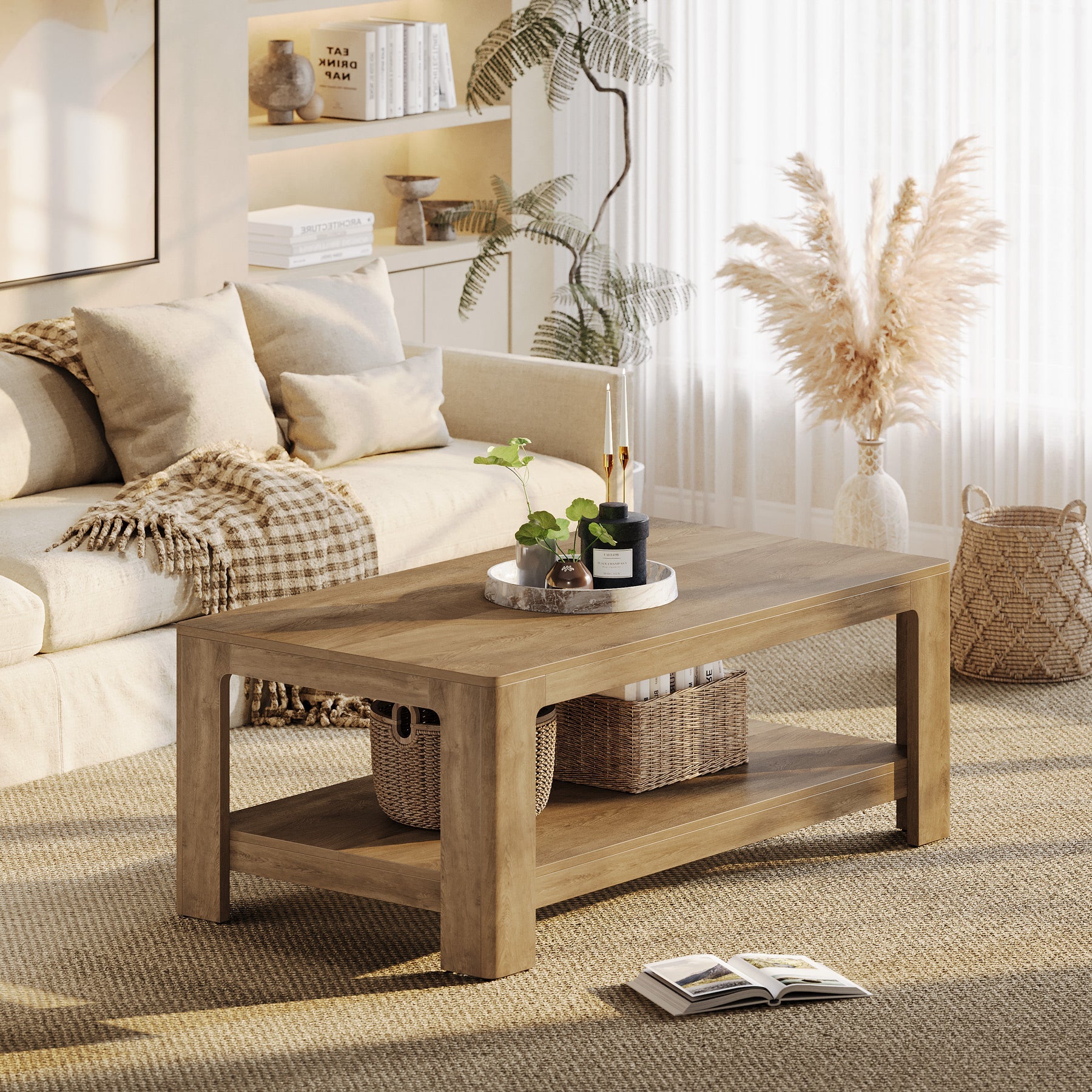 47.24" Coffee Table with 2-Tier Storage, Rectangular Center Table for Living Room