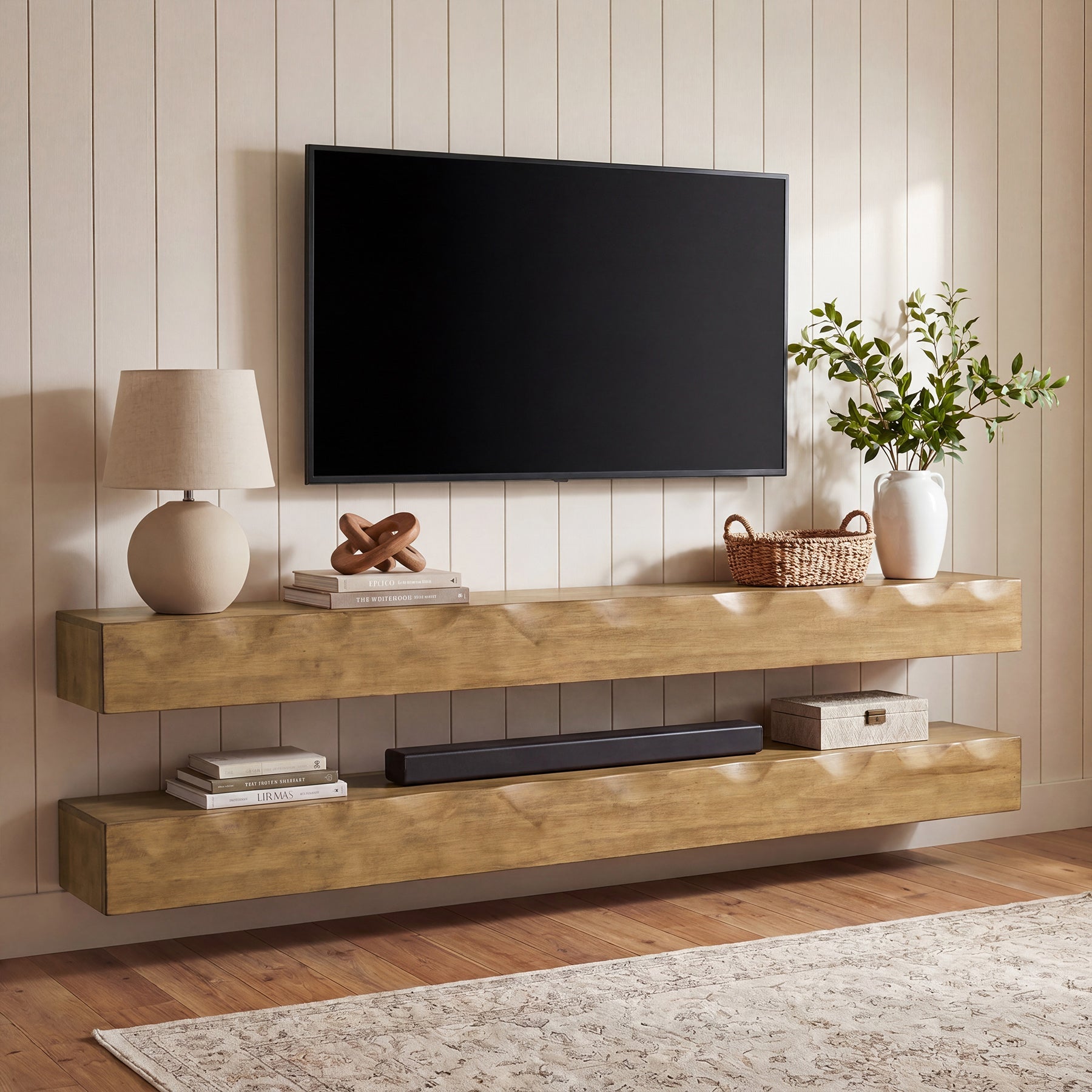 Solid Wood Floating TV Stand, 63" Wall Media Shelf for TVs Up to 75"