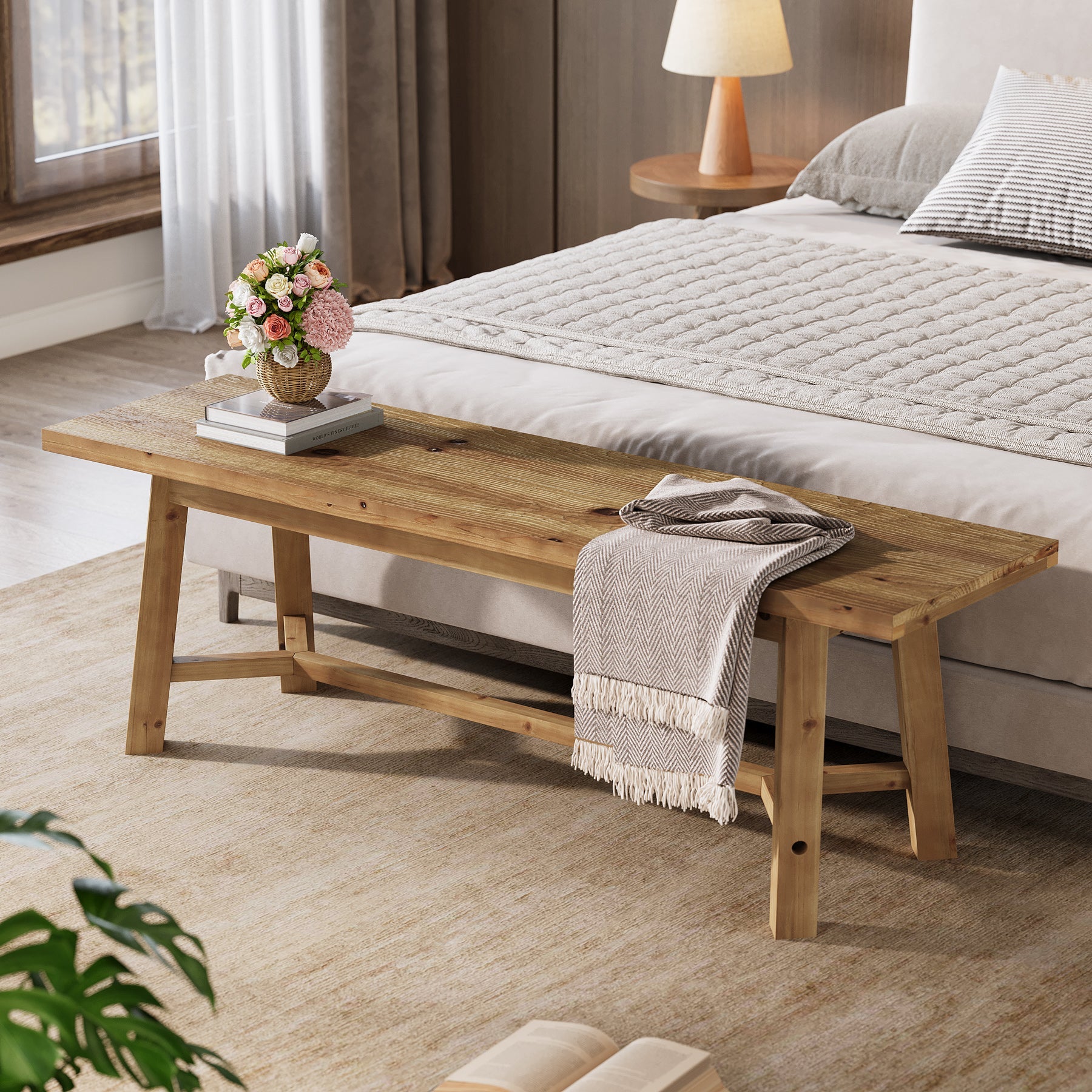 55" Solid Wood Bench, Farmhouse Long Bench Seat for Entryway