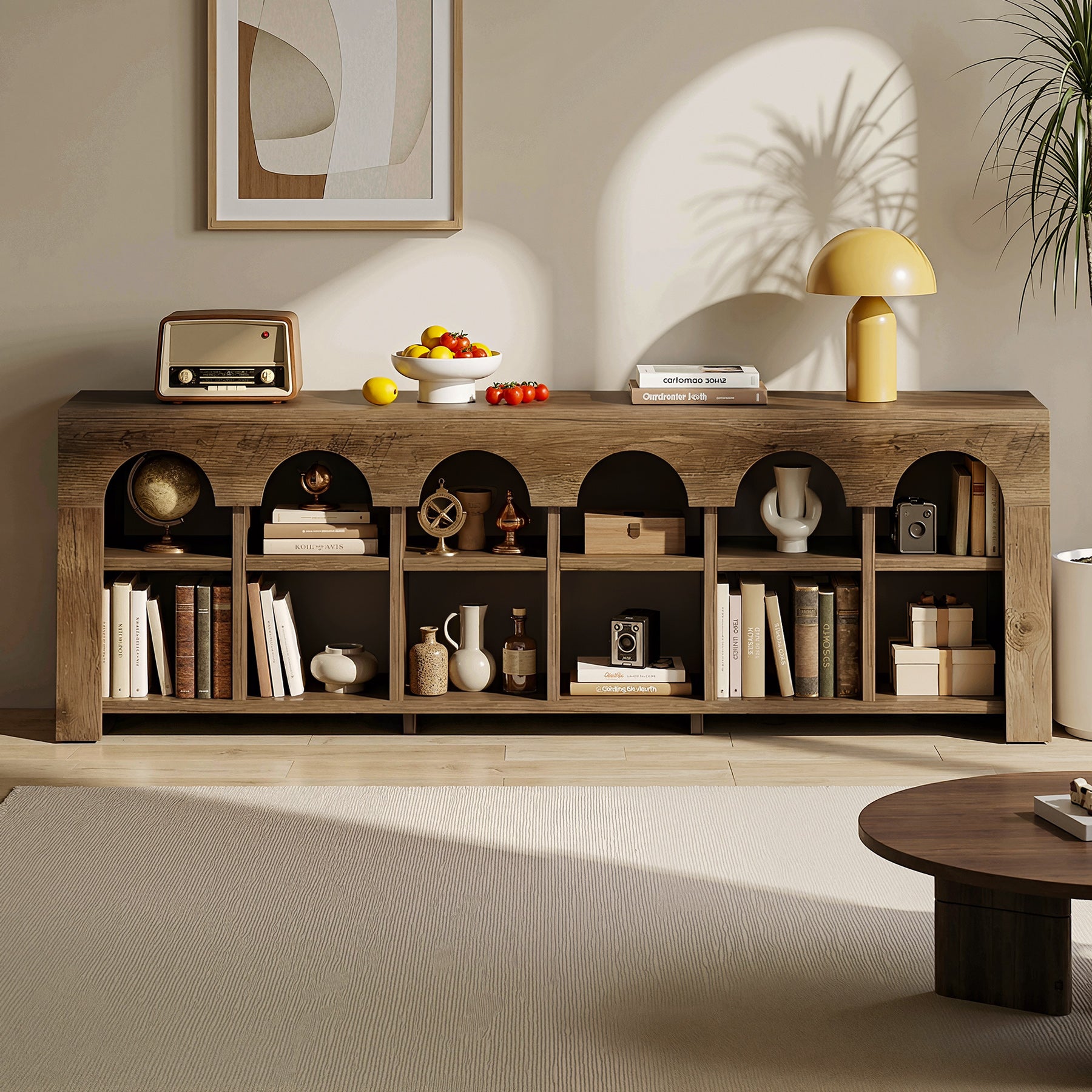 63” TV Stand for 50-75" TVs, Farmhouse Entertainment Center with 2-Tier Arched Cubbies