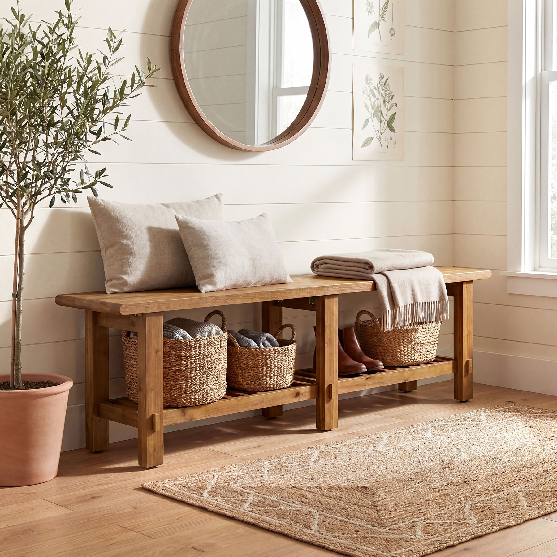 63" Solid Wood Entryway Bench, Narrow End of Bed Bench with Shoe Storage Rack