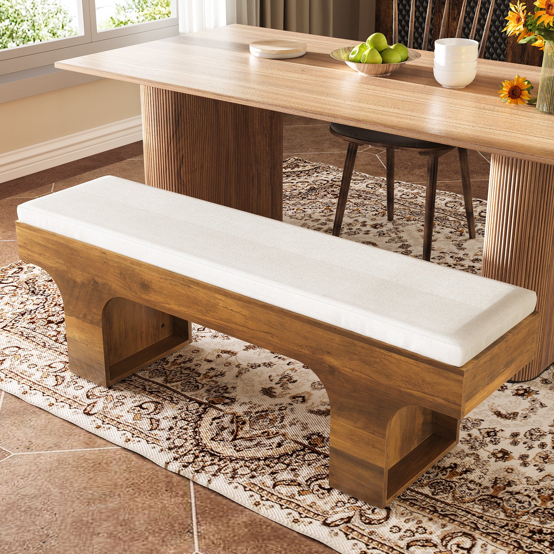 55" Dining Bench with Linen Cushion, Farmhouse Entryway Bench for Hallway