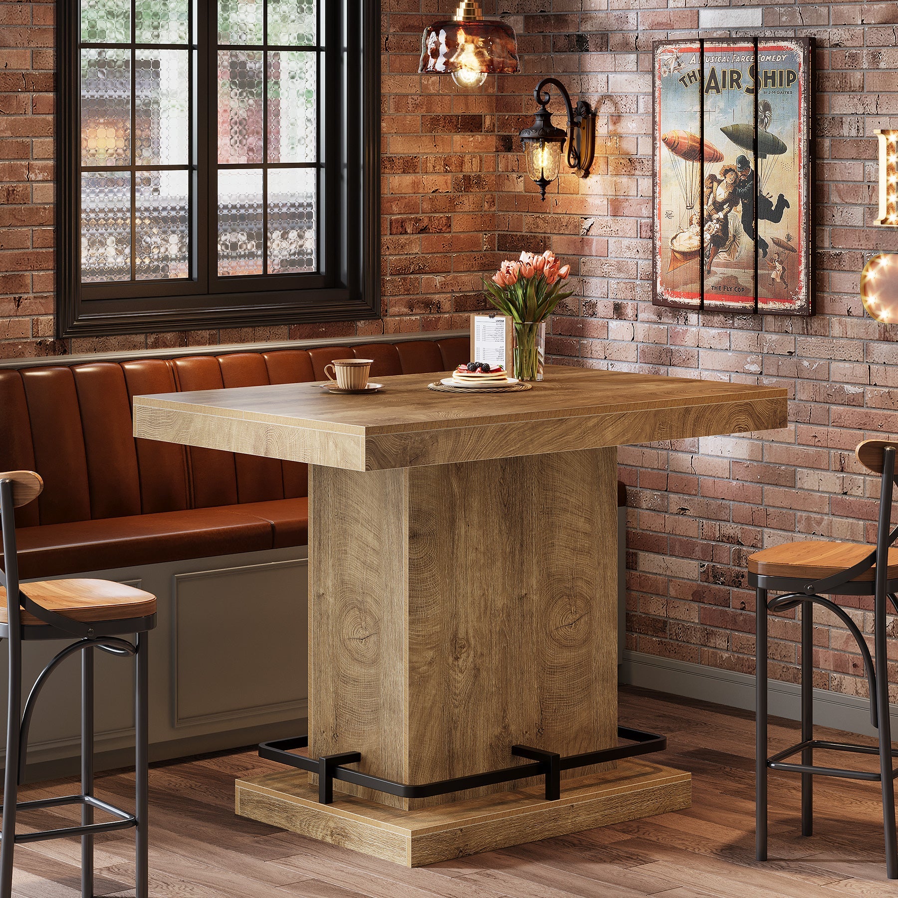 47" Bar Table, Rectangular Bistro Pub Table with Metal Footrest