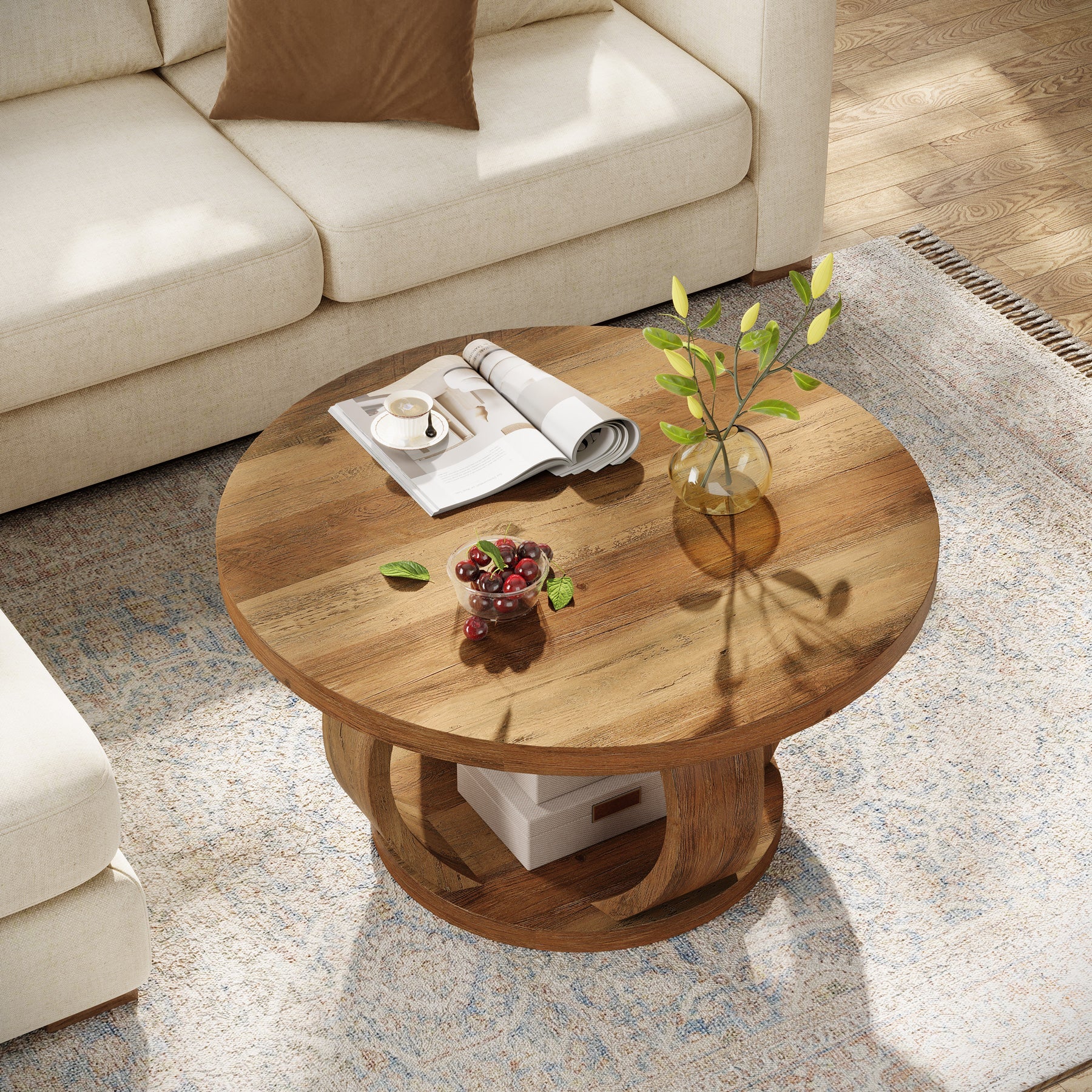 31.5" Round Coffee Table, 2-Tier Center Table with Storage for Living Room