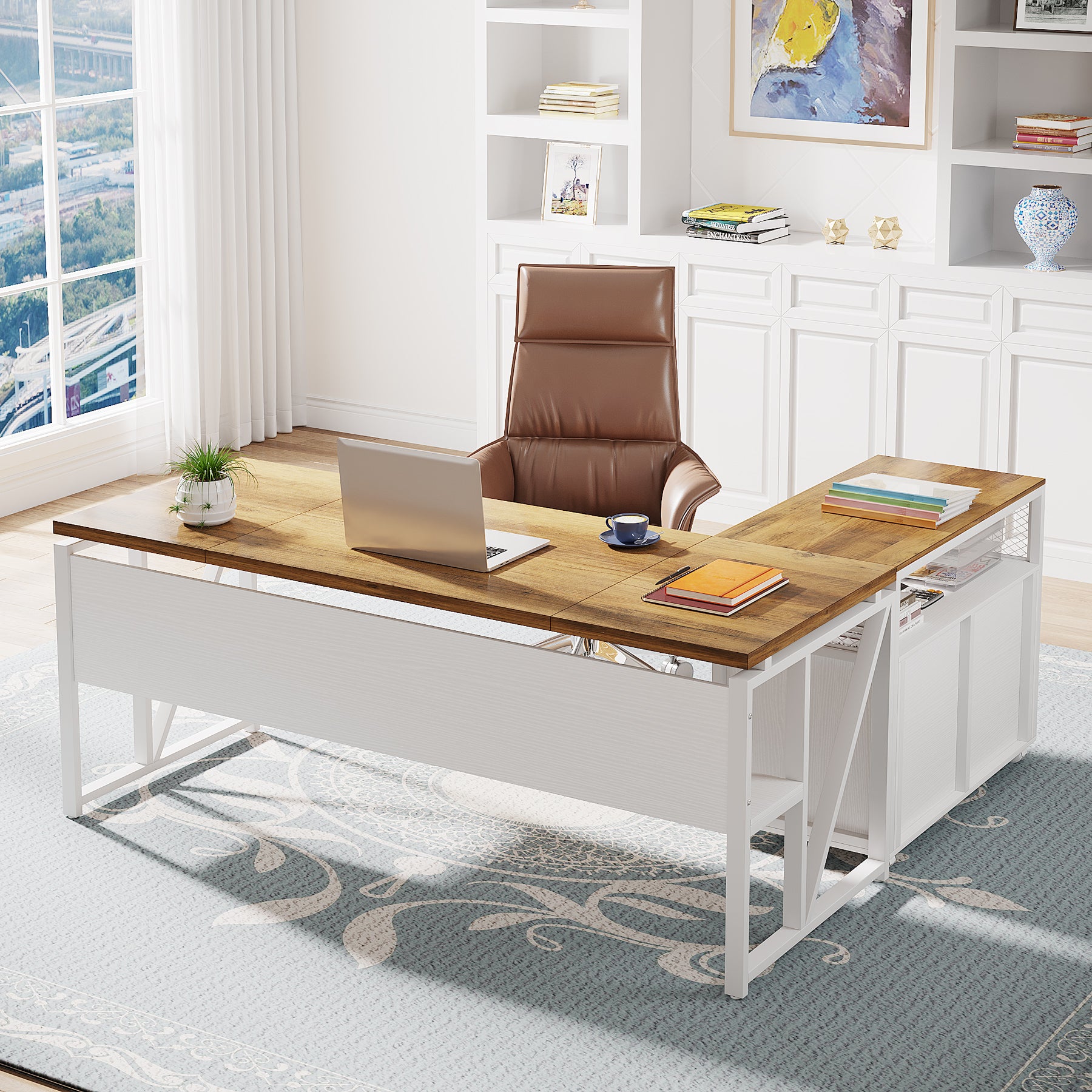 63" Computer Desk with Mobile Cabinet, L-Shaped Desk for Home Office