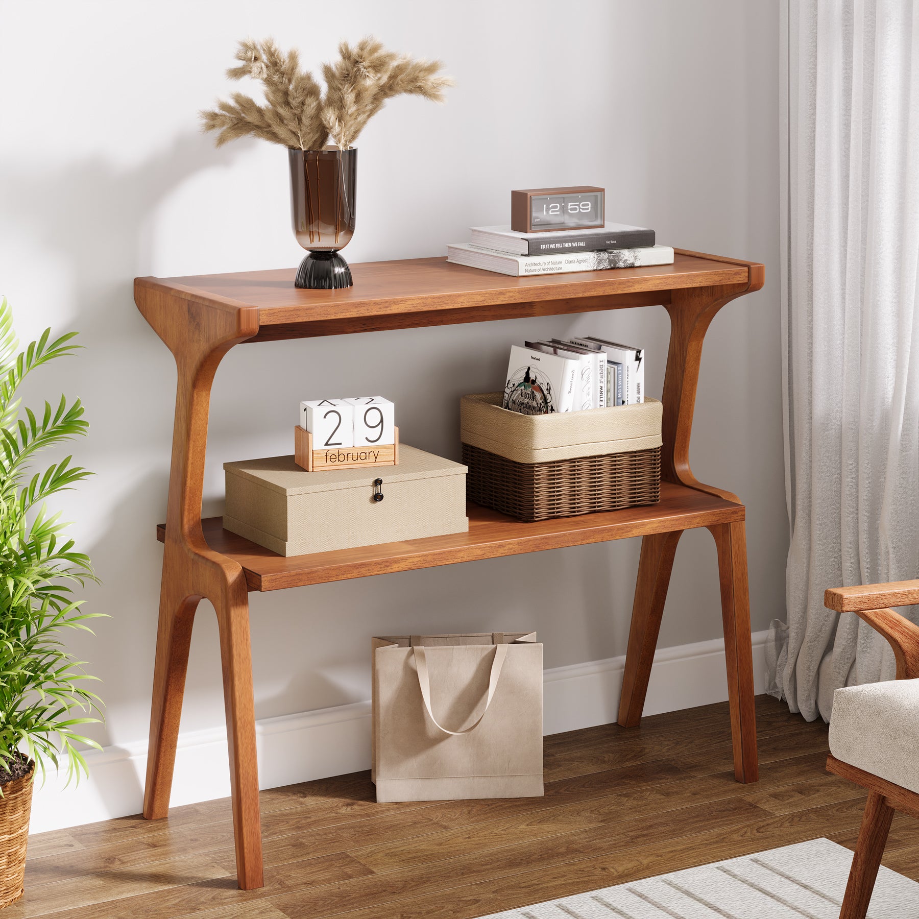 2-Tier End Table, Slim Sofa Side Table with Storage Shelf