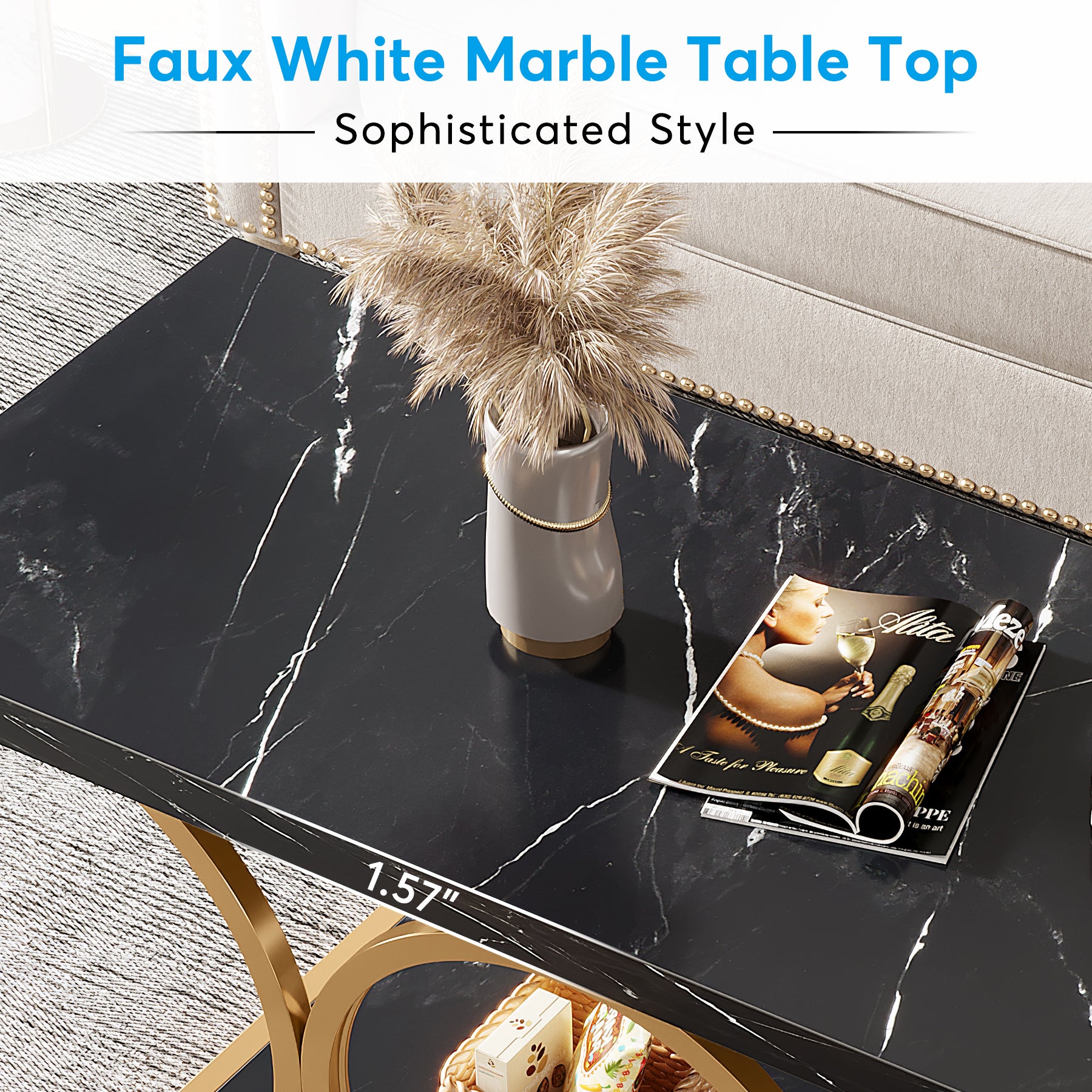 Rectangle Coffee Table, 46.45" Faux Marble Tea Table with Storage Shelf