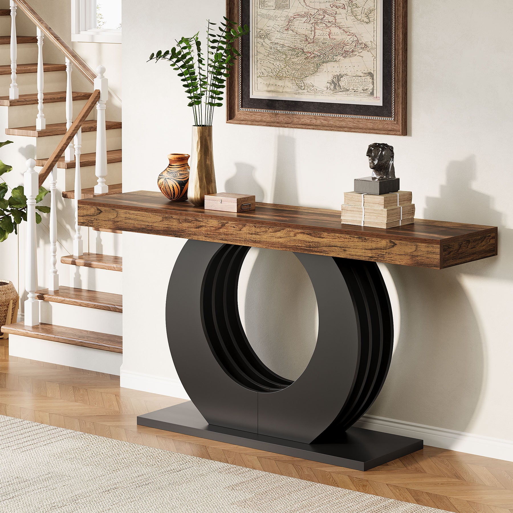 63" Console Table, Narrow Sofa Table with Circle Metal Base