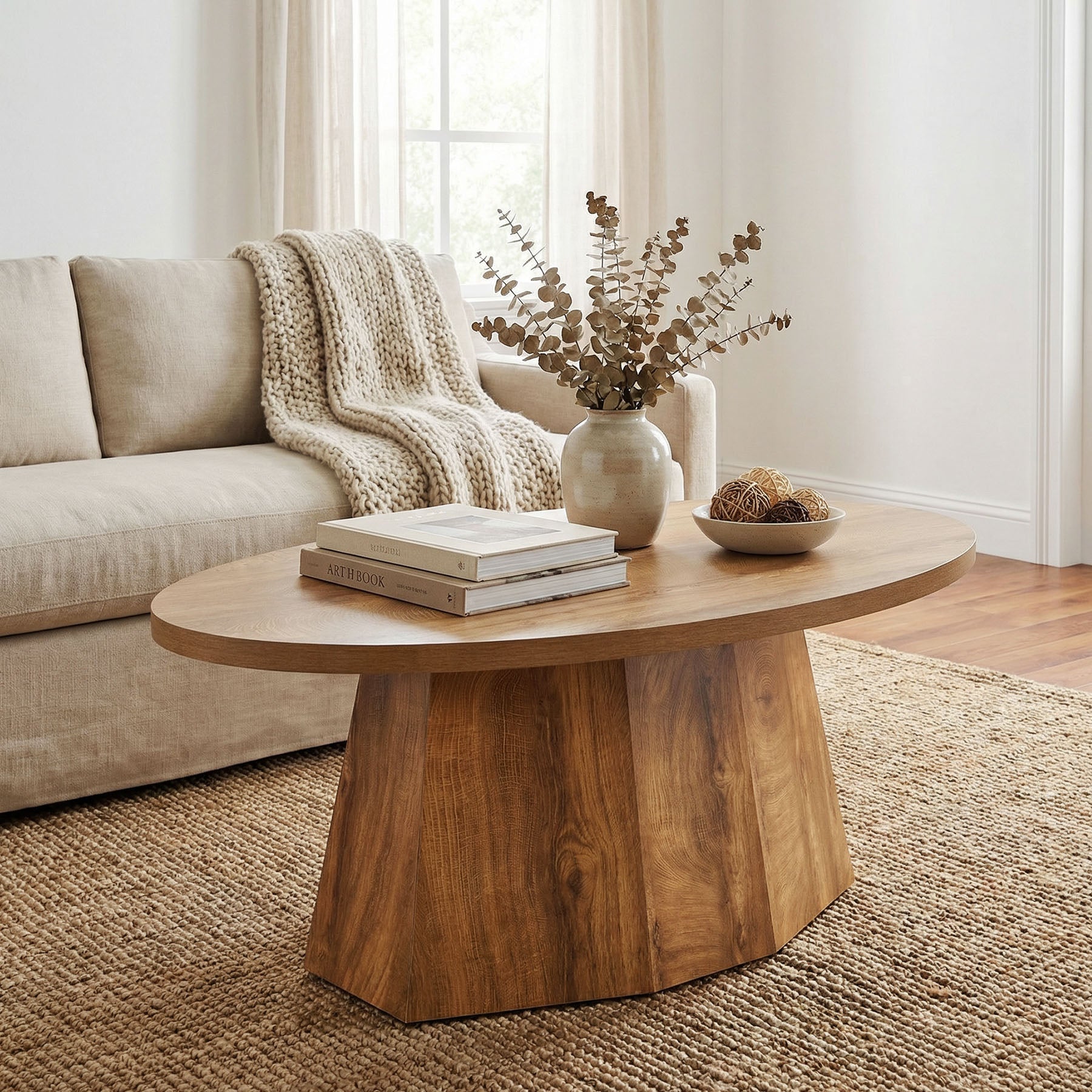 Oval Coffee Table, 47" Center Accent Table with Polygonal Pedestal for Living Room