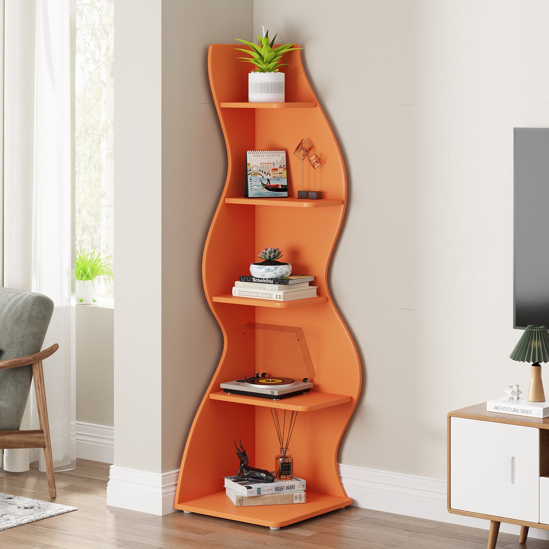 5-Tier Corner Shelf, Modern Wall Corner Bookshelf Bookcase