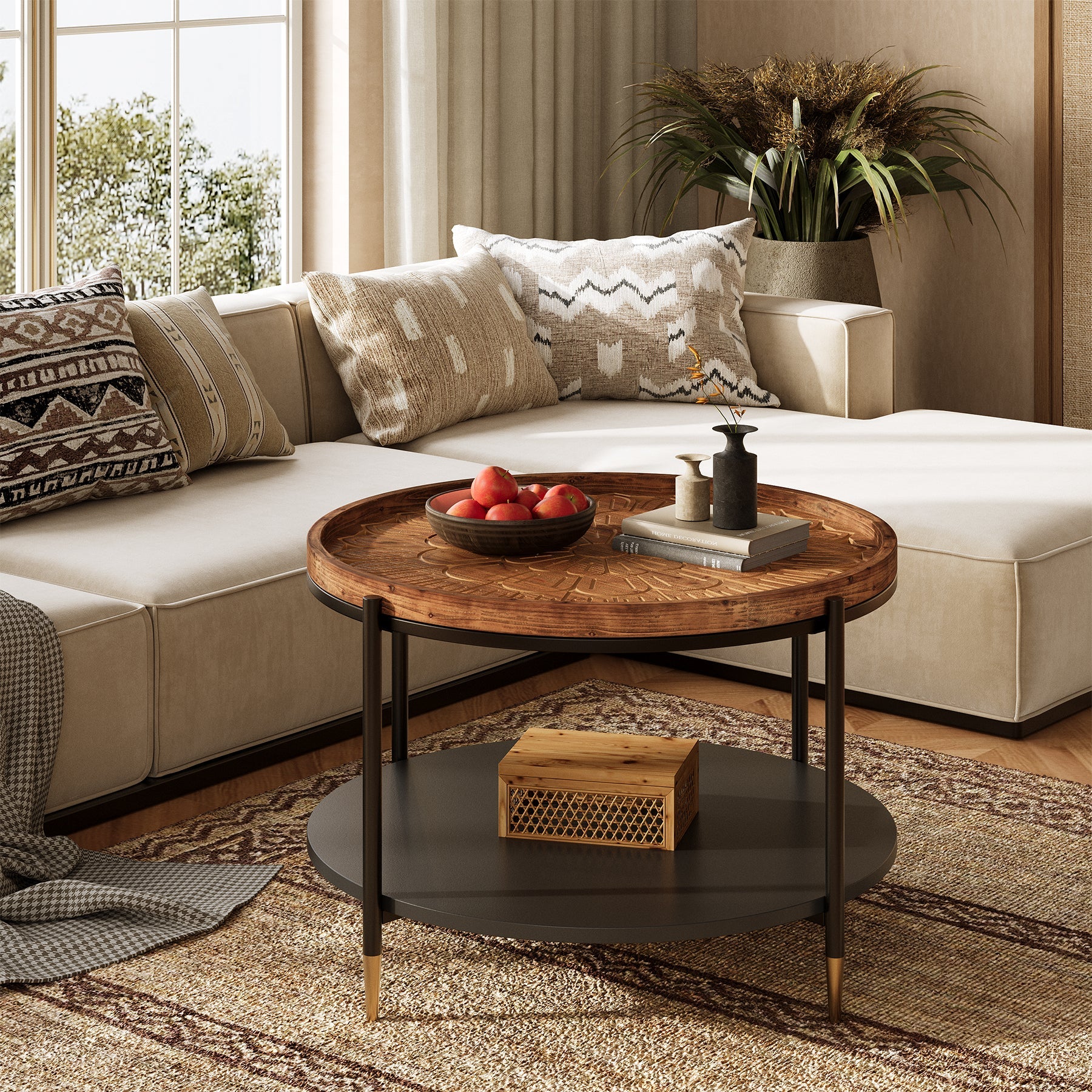 Solid Wood Round Coffee Table, 31.5" Center Tea Table with Metal Frame