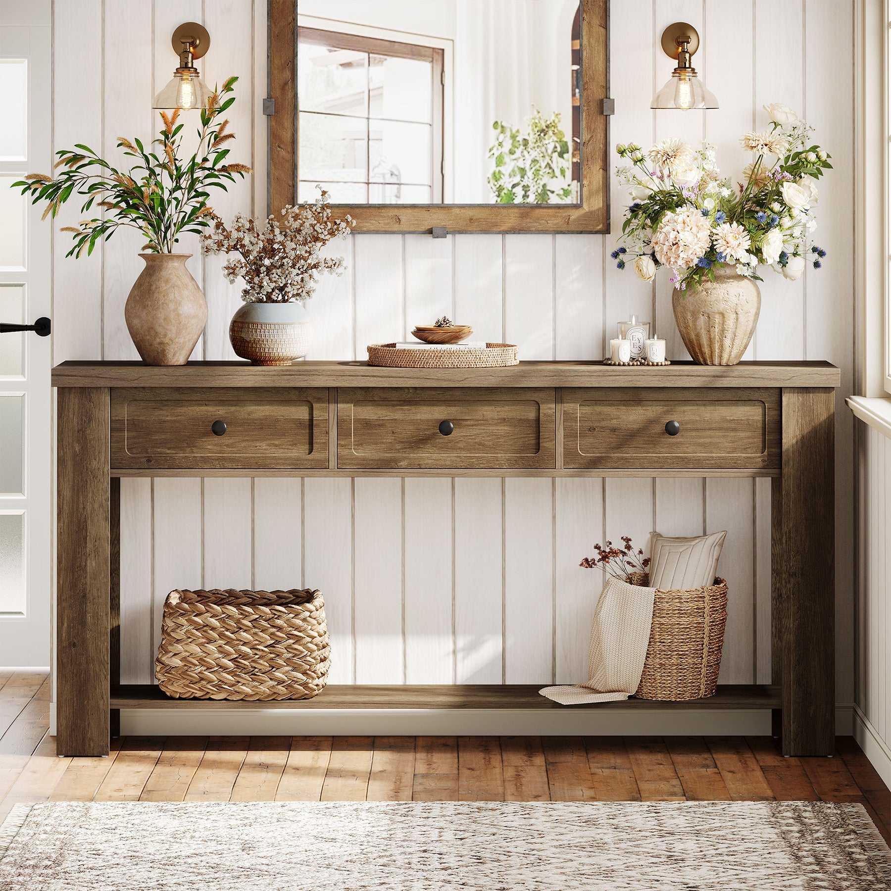 70.9" Console Table with 3 Drawers, Farmhouse Entryway Sofa Table with Shelf for Hallway