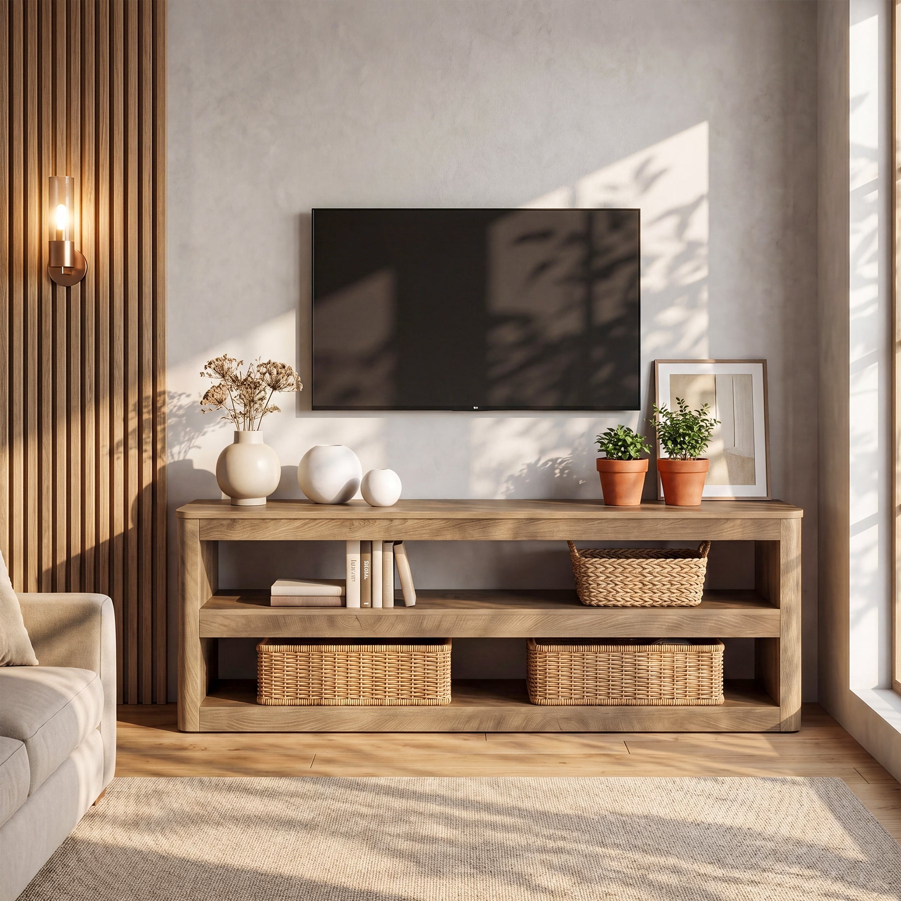 55" TV Stand for TVs up to 70", Farmhouse Entertainment Center with 3 Shelves
