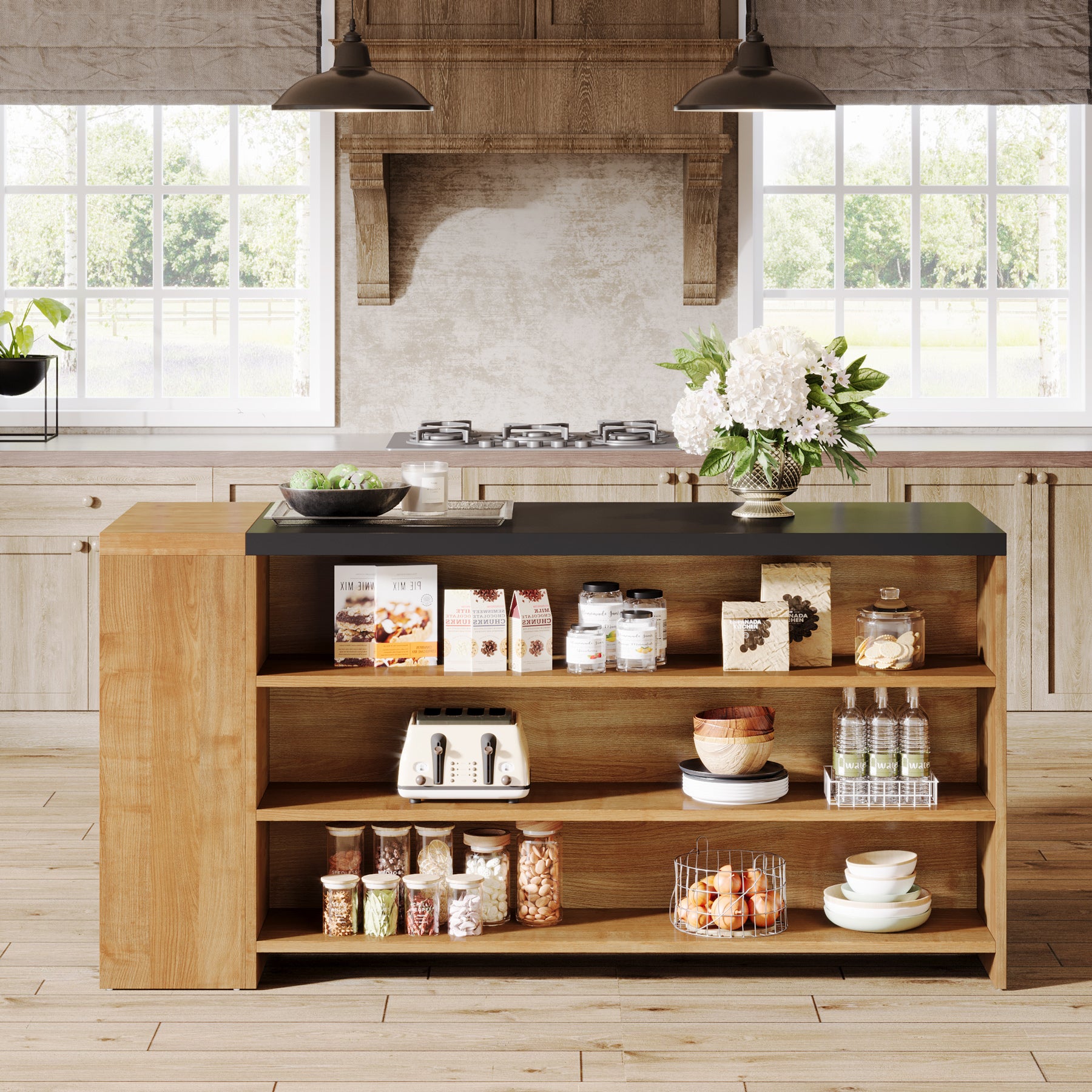55" Kitchen Island with Storage, Farmhouse Coffee Bar Table with 5 Shelves