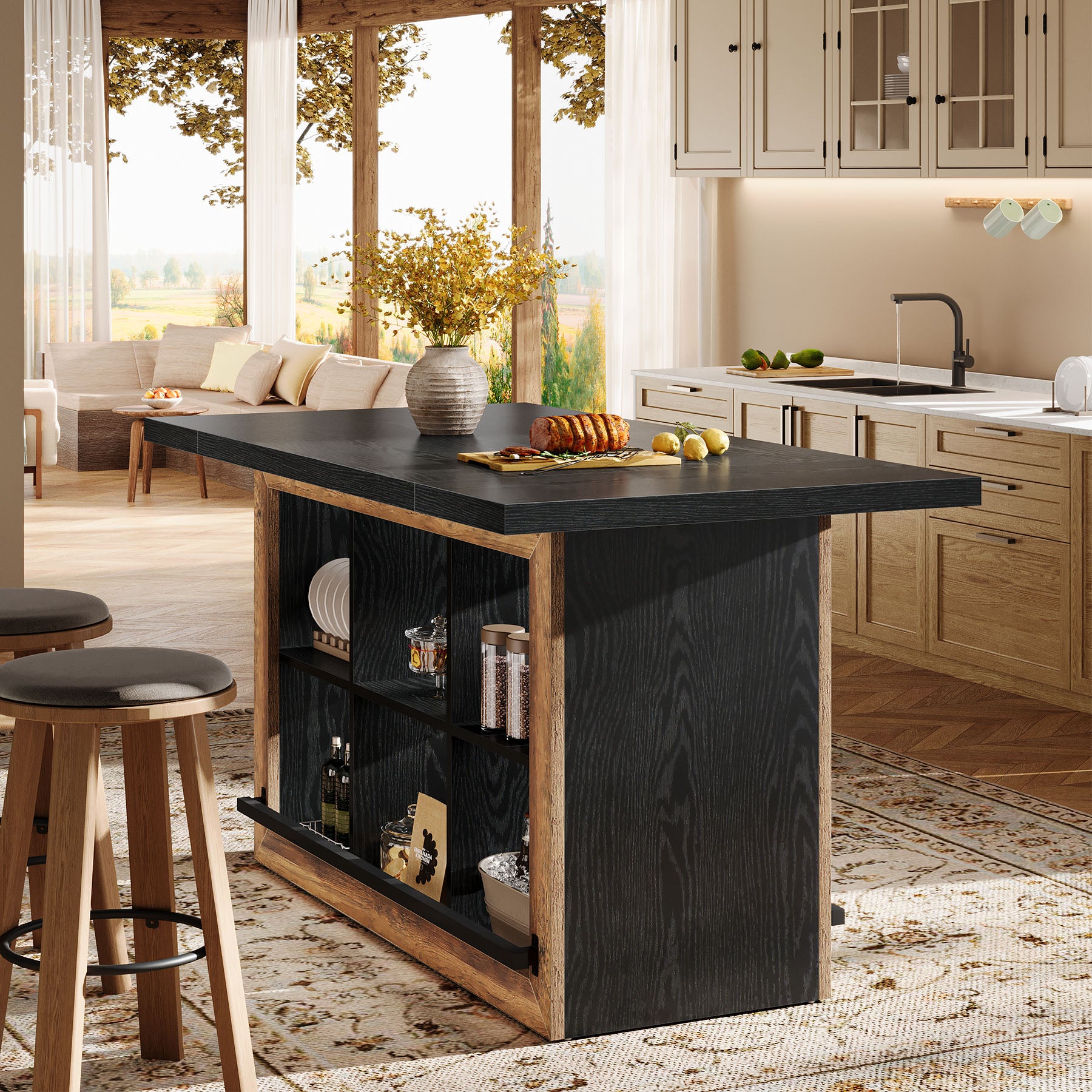 62.6" Kitchen Island, Counter Height Stationary Table with 6 Open Cubbies