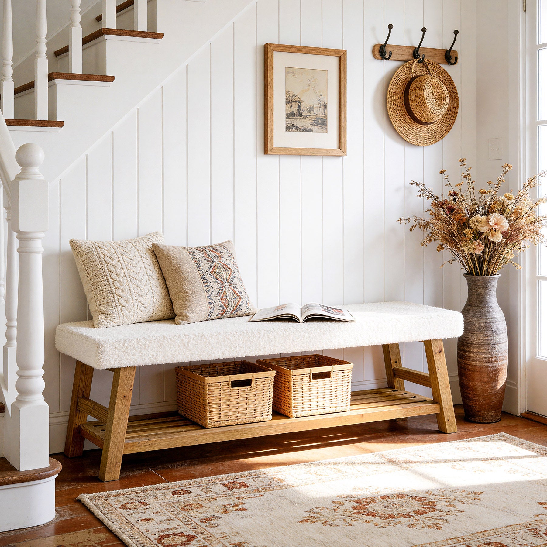 55" Upholstered Entryway Bench, 2-Tier Shoe Bench with Solid Wood Frame