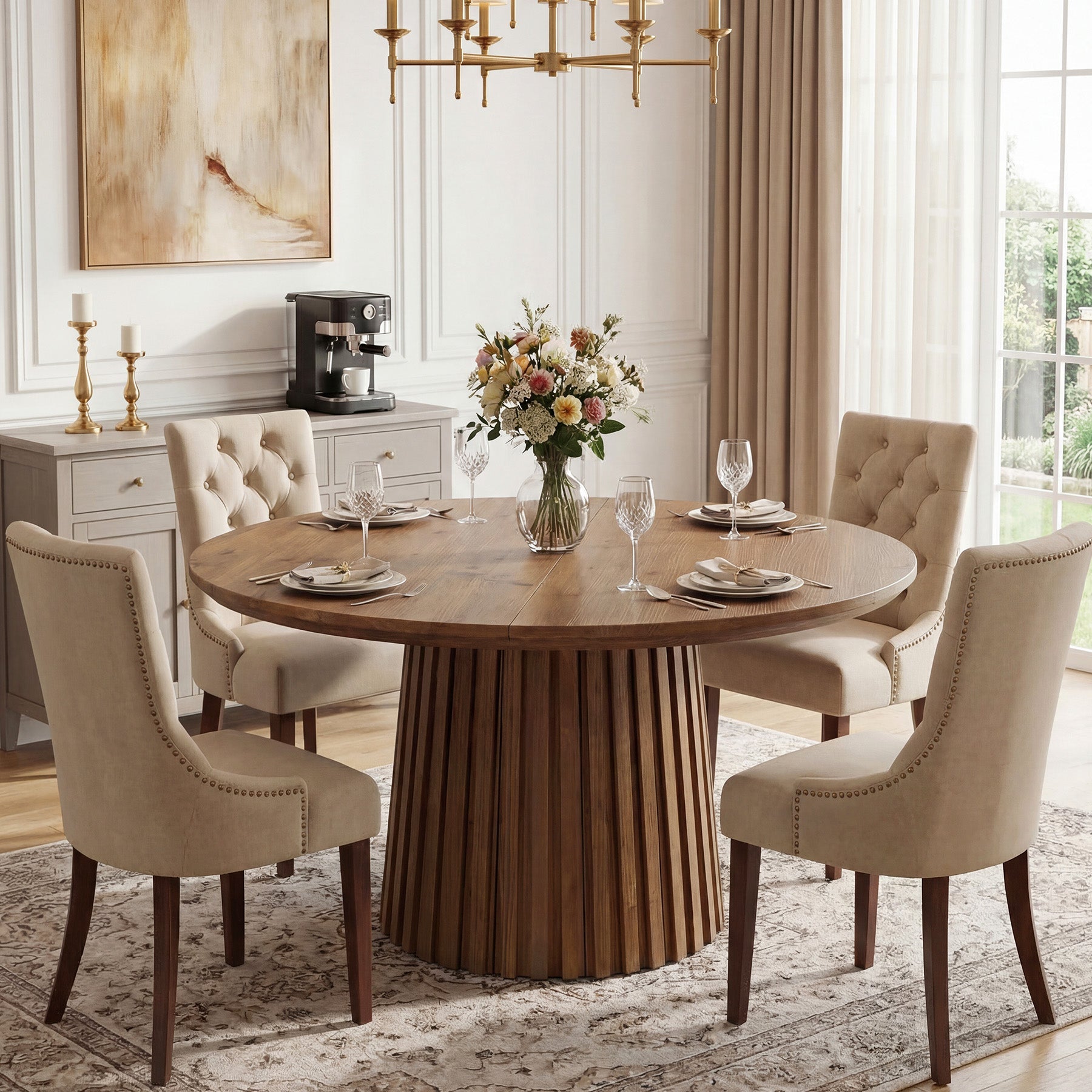 47.24" Round Dining Table, Solid Wood Kitchen Table for 4-6 People