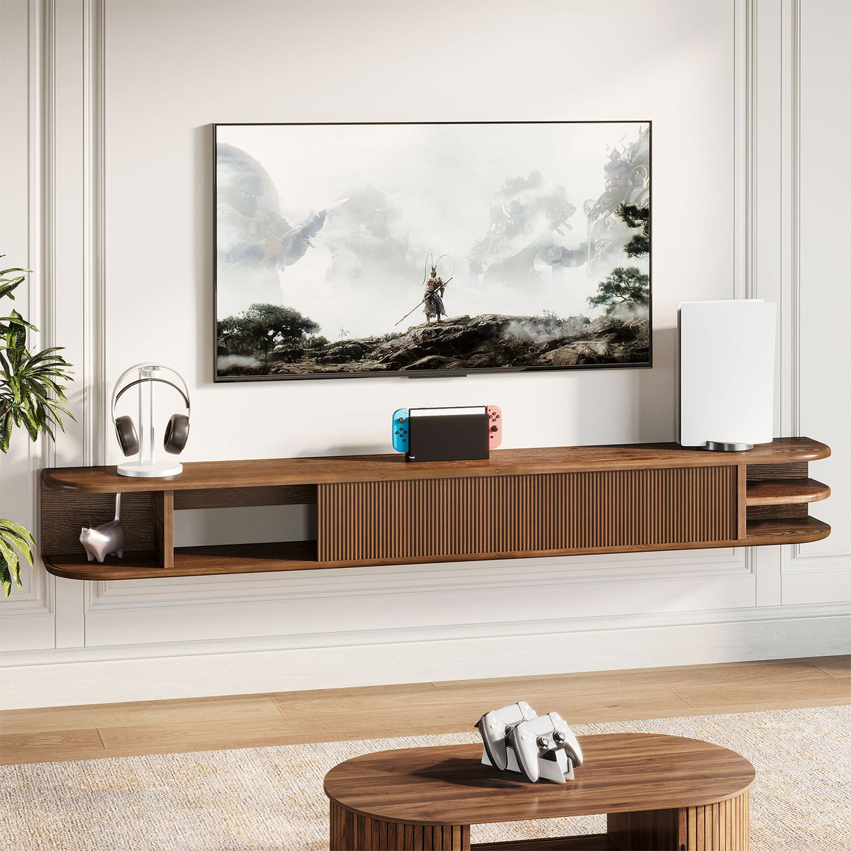 71" Floating TV Stand with Fluted Doors, Solid Wood Media Console with Cable Management for 50-90" TVs