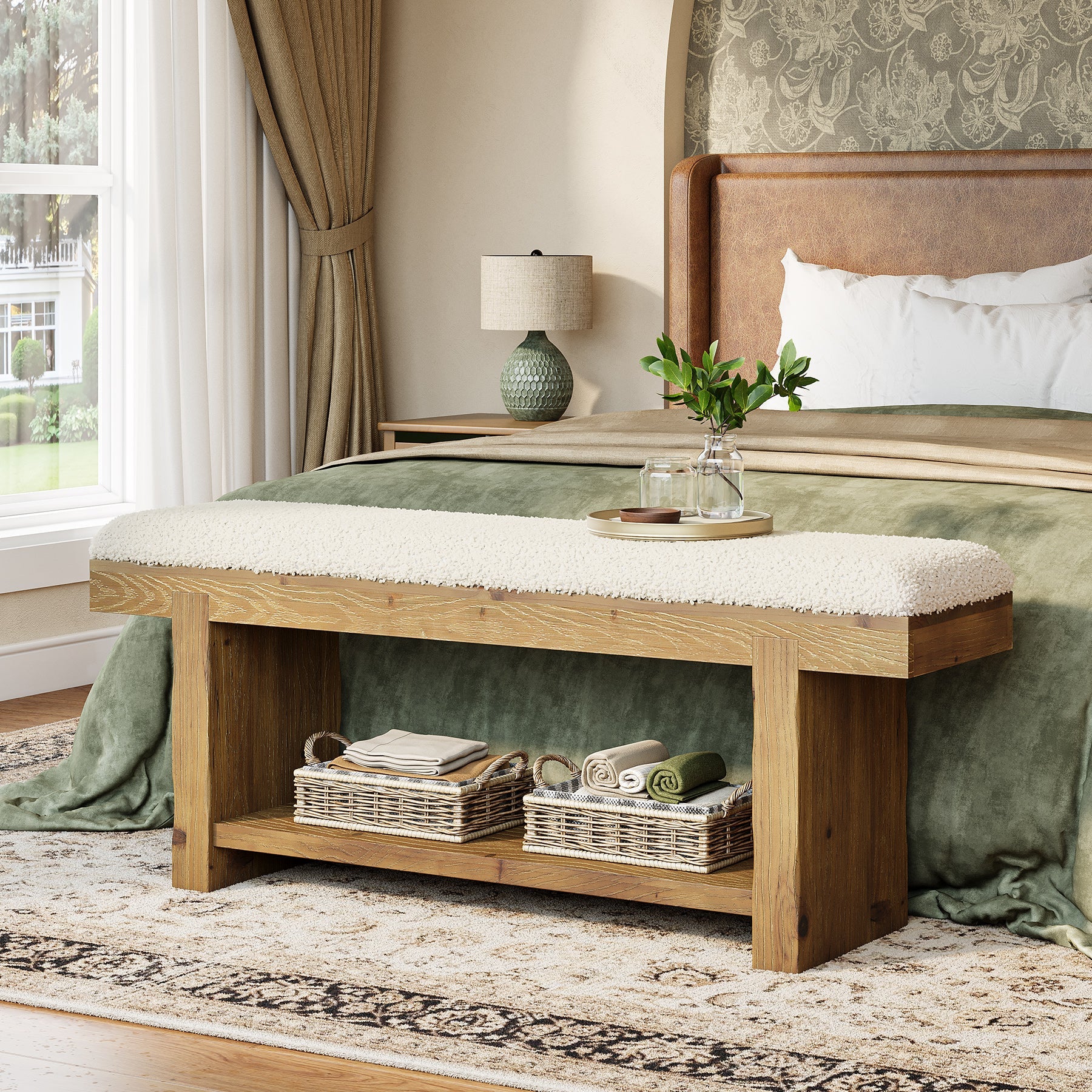 47.2" Solid Wood Entryway Bench, Upholstered Storage for Hallway