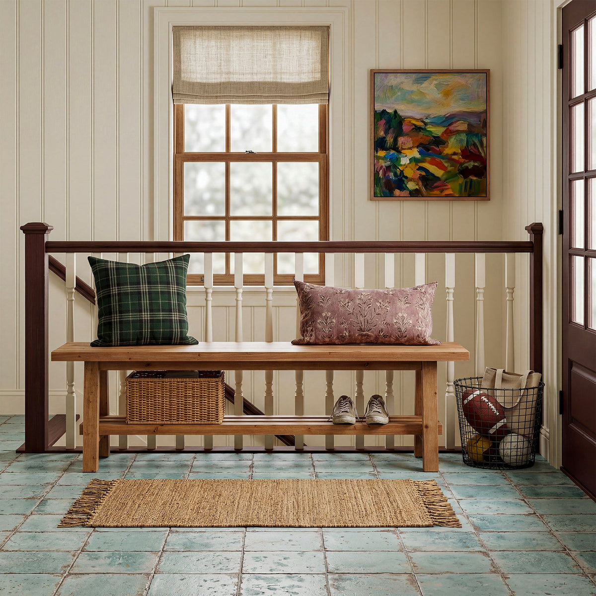 55" Solid Wood Entryway Bench, 2-Tier Shoe Bench with Shelf for Hallway