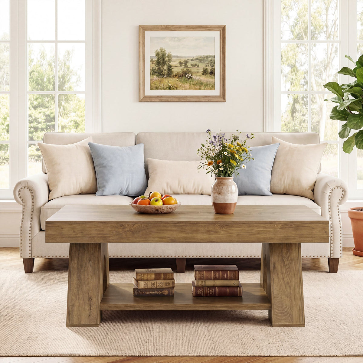 55.1" Farmhouse Coffee Table with Storage Shelf, Rectangle Center Table for Living Room