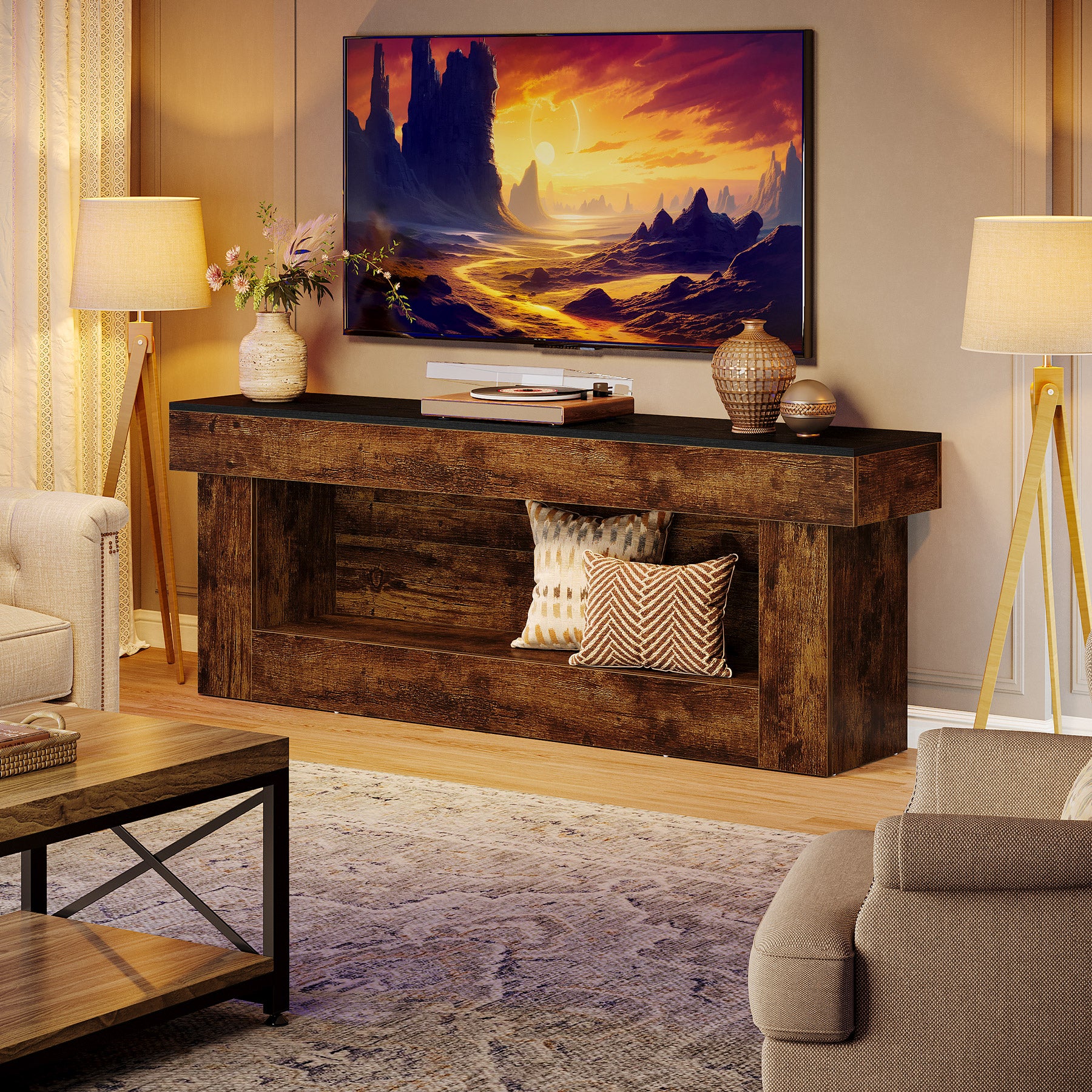 63" TV Stand, Entertainment Center with Open Storage for 60/65/70" TVs