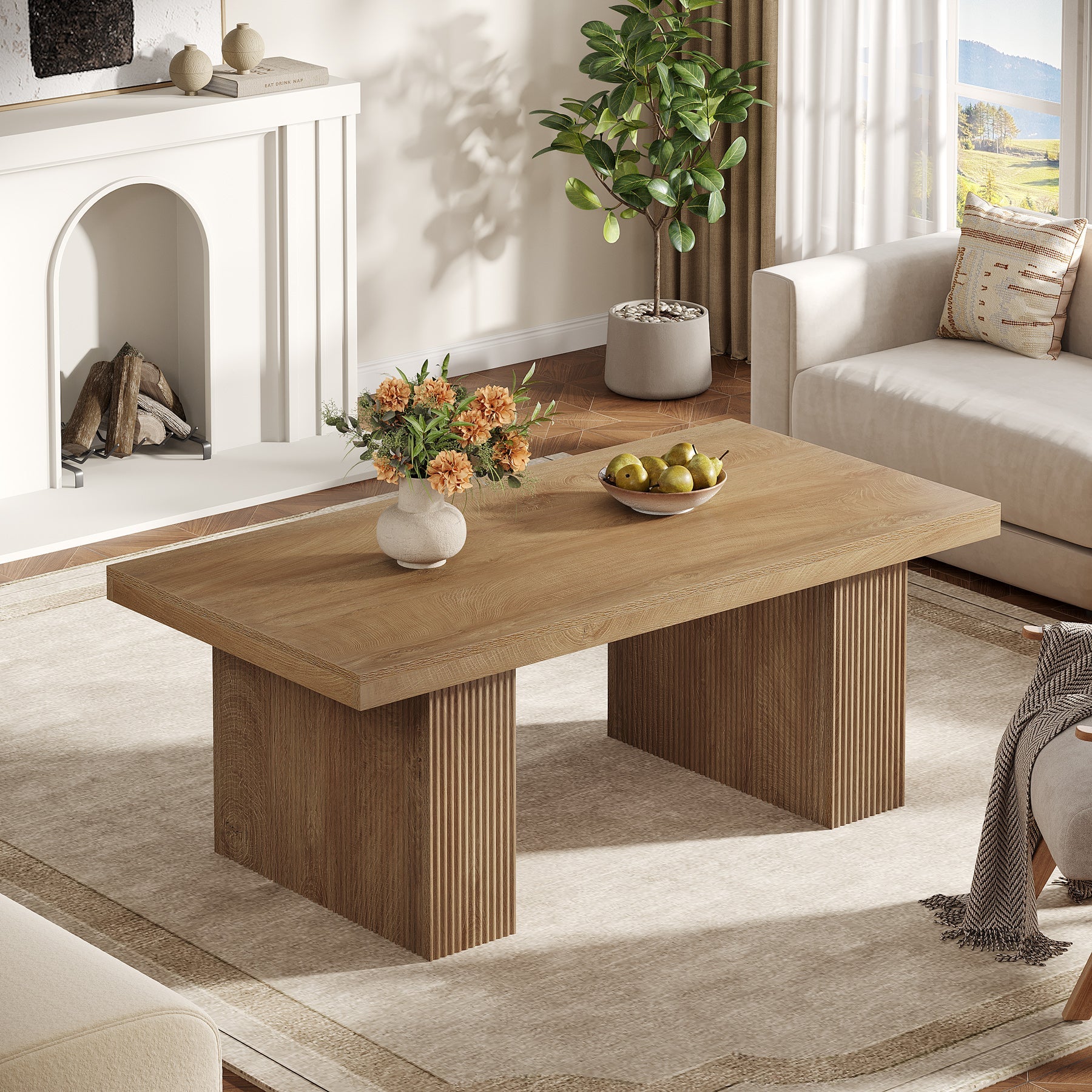 47.2" Wooden Coffee Table, Rectangle Center Table with Thick Base