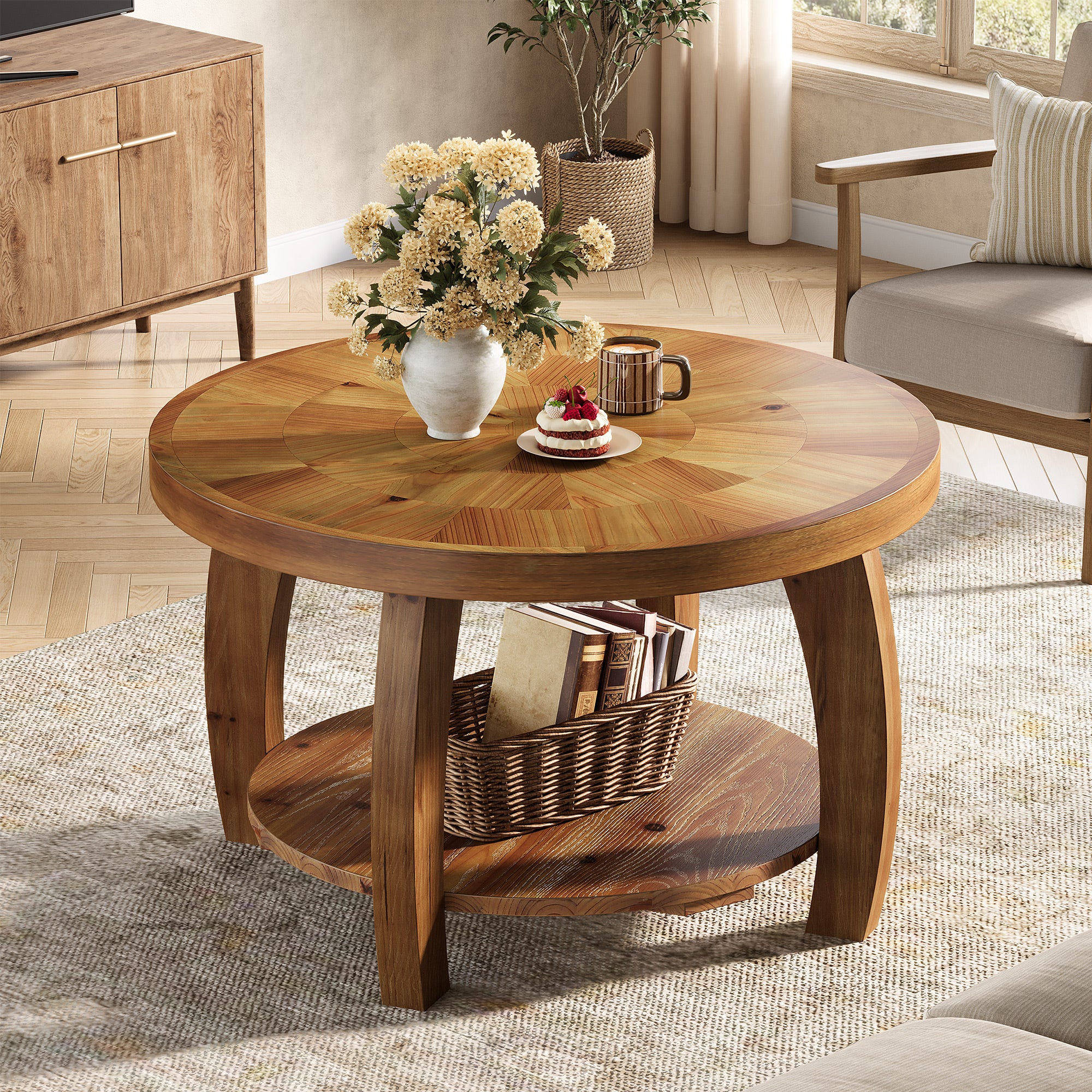 Solid Wood Round Coffee Table, 2-Tier Center Table with Storage for Living Room
