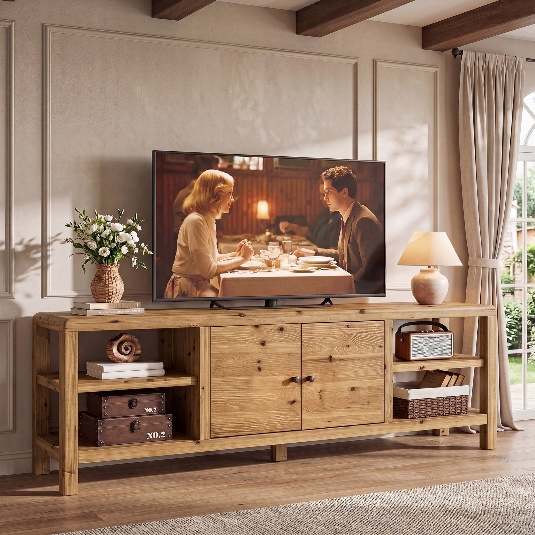 70.9" Solid Wood TV Stand with Door and Storage Shelves for TVs up to 80"